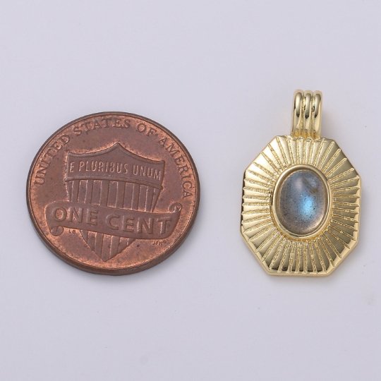 14k Gold Filled Labradorite Charm Octagon Sunburst Medallion H-290