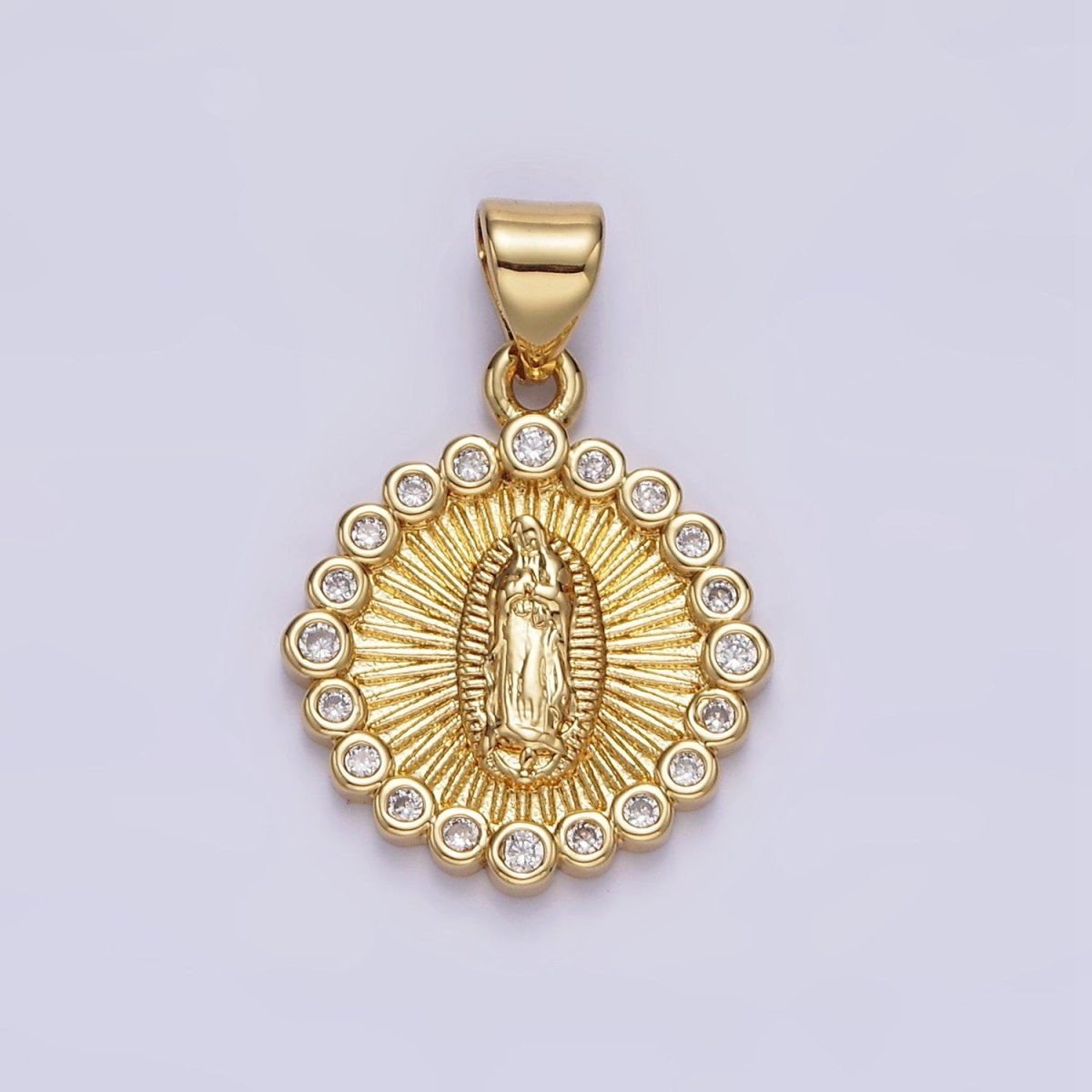 OS 14K Gold Filled Lady Guadalupe Mother Mary Sunburst Round CZ Outline Pendant | AA607