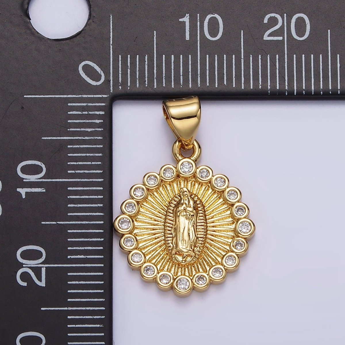 OS 14K Gold Filled Lady Guadalupe Mother Mary Sunburst Round CZ Outline Pendant | AA607