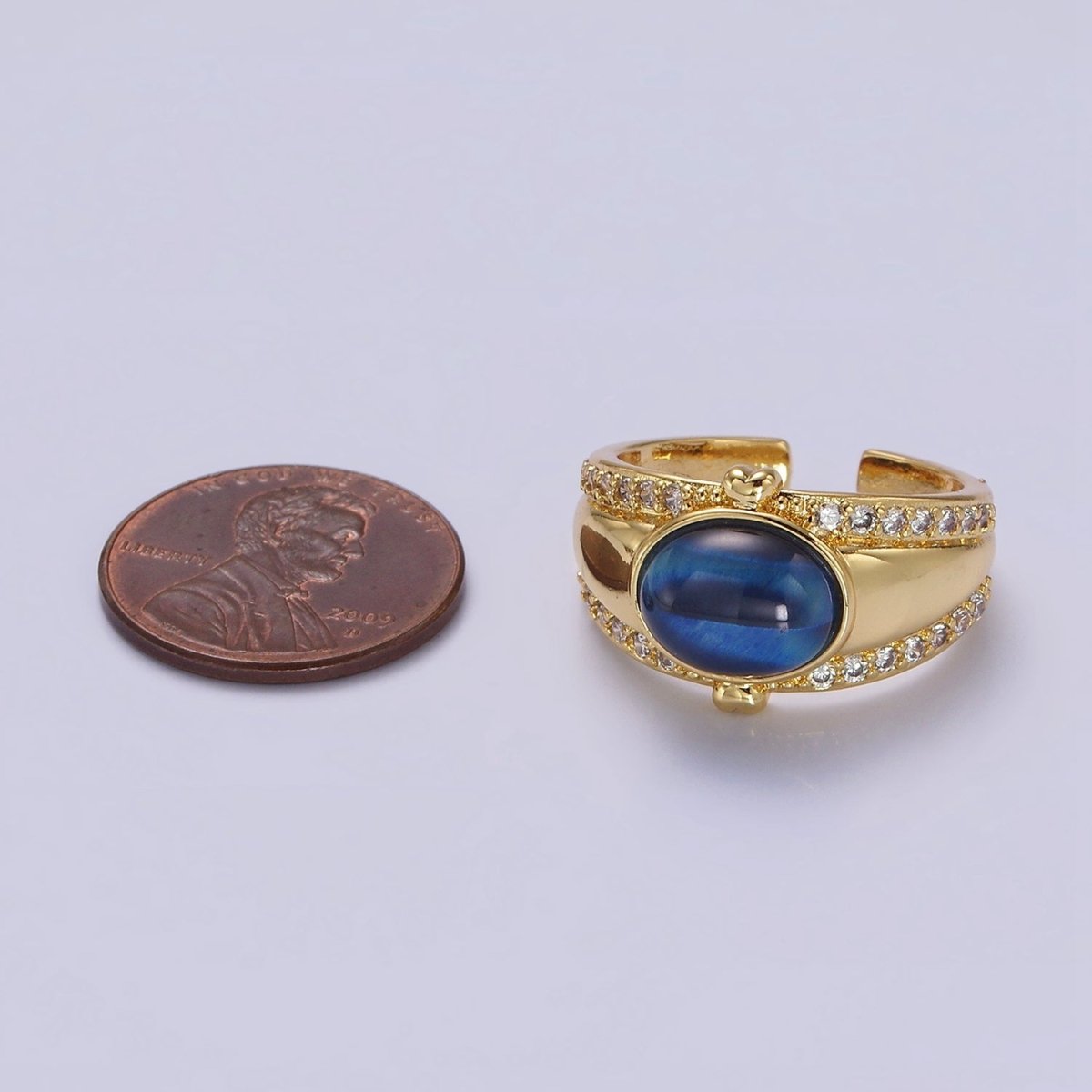 14K Gold Filled Lapis Lazuli Oval Double Heart Micro Paved CZ Signet Ring | O-591