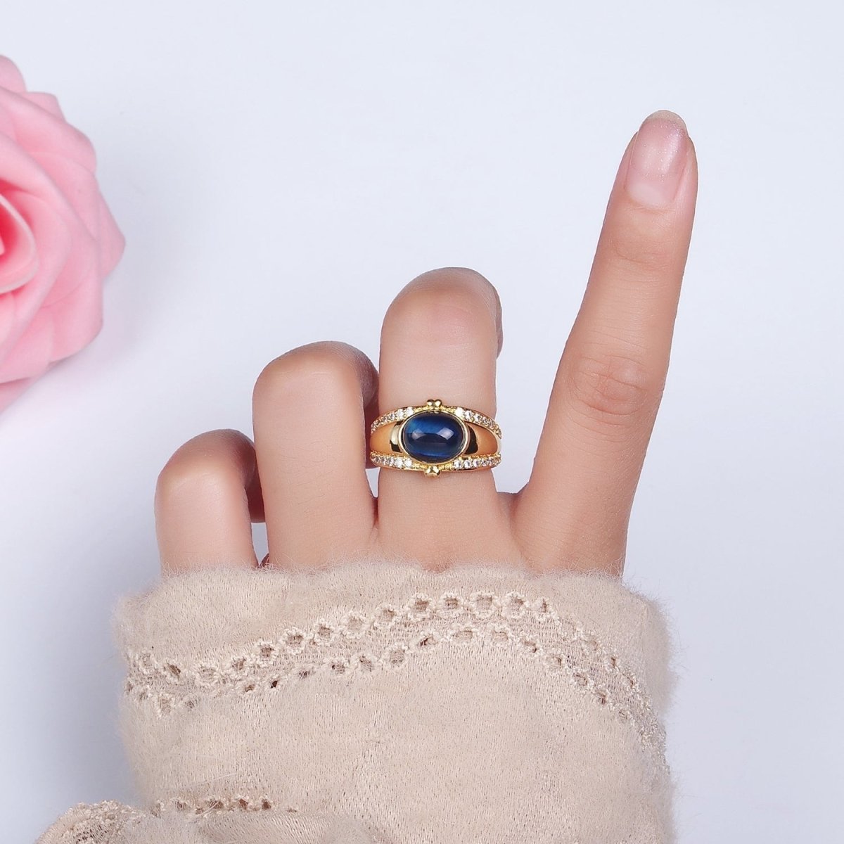 14K Gold Filled Lapis Lazuli Oval Double Heart Micro Paved CZ Signet Ring | O-591