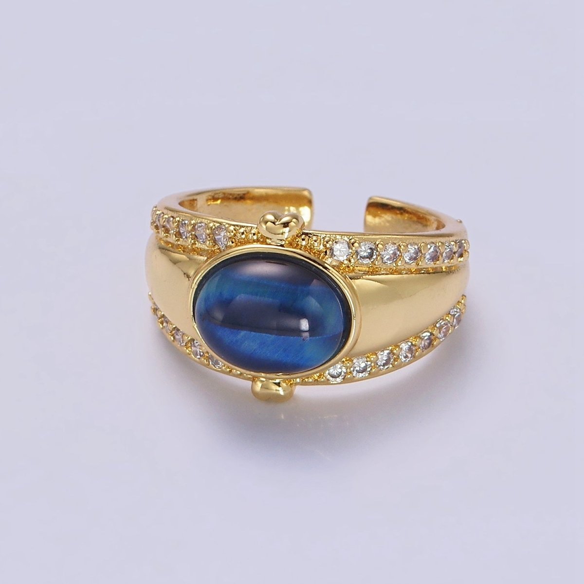 14K Gold Filled Lapis Lazuli Oval Double Heart Micro Paved CZ Signet Ring | O-591