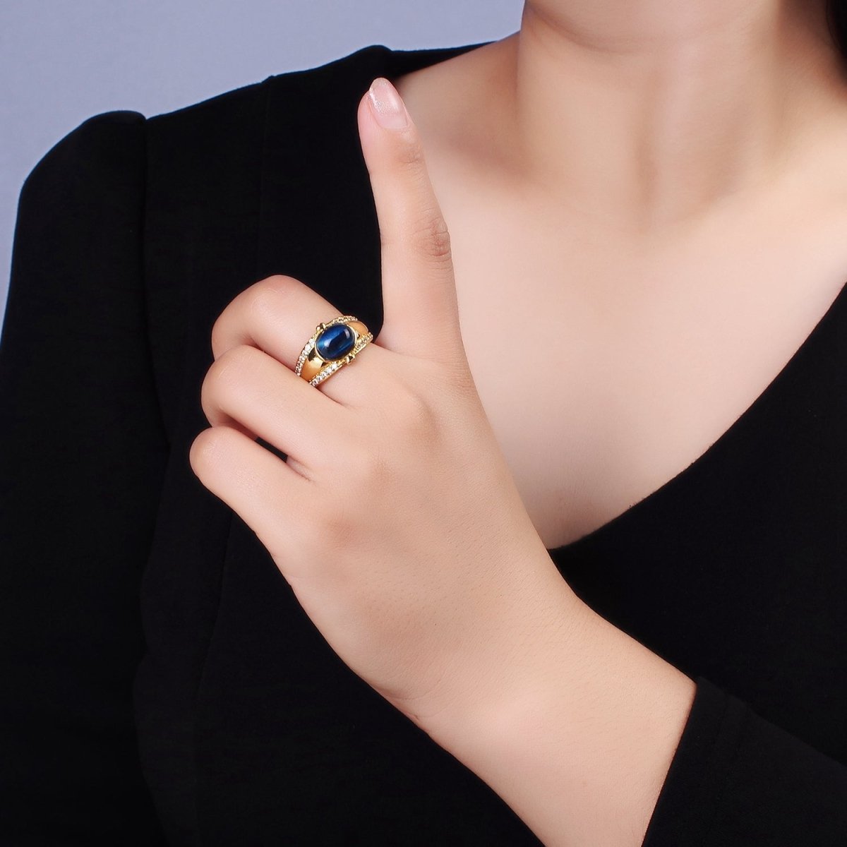 14K Gold Filled Lapis Lazuli Oval Double Heart Micro Paved CZ Signet Ring | O-591