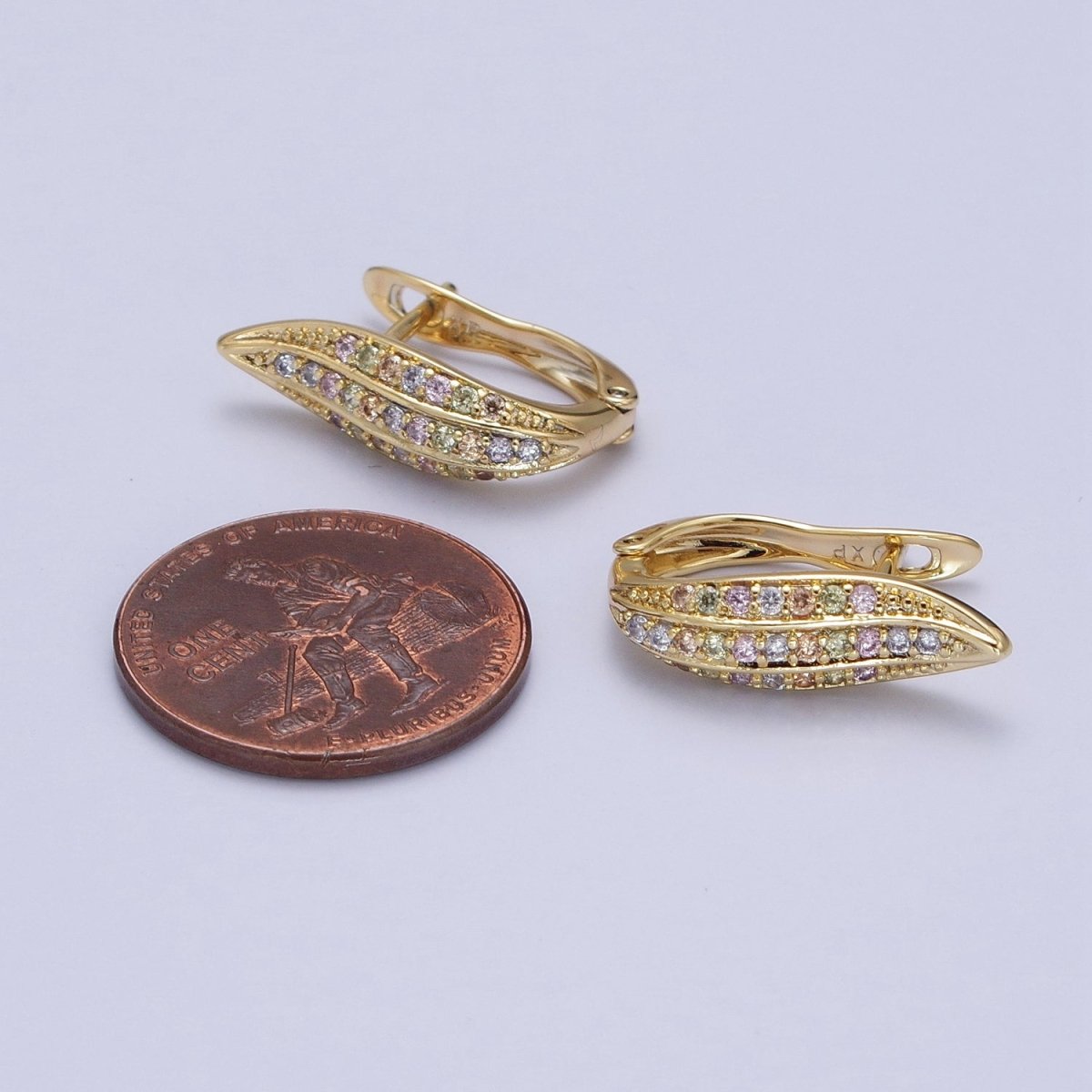 14K Gold Filled Leaf Pastel Multicolor Micro Paved CZ English Lock Earrings | AD1441