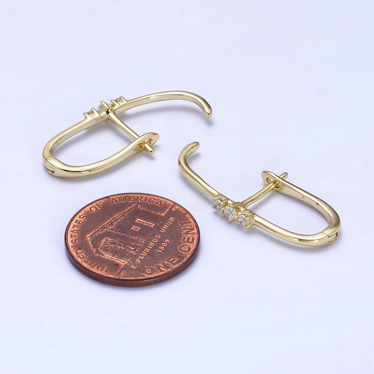 14K Gold Filled Long Linear Triple Clear CZ English Lock Earrings | AB273