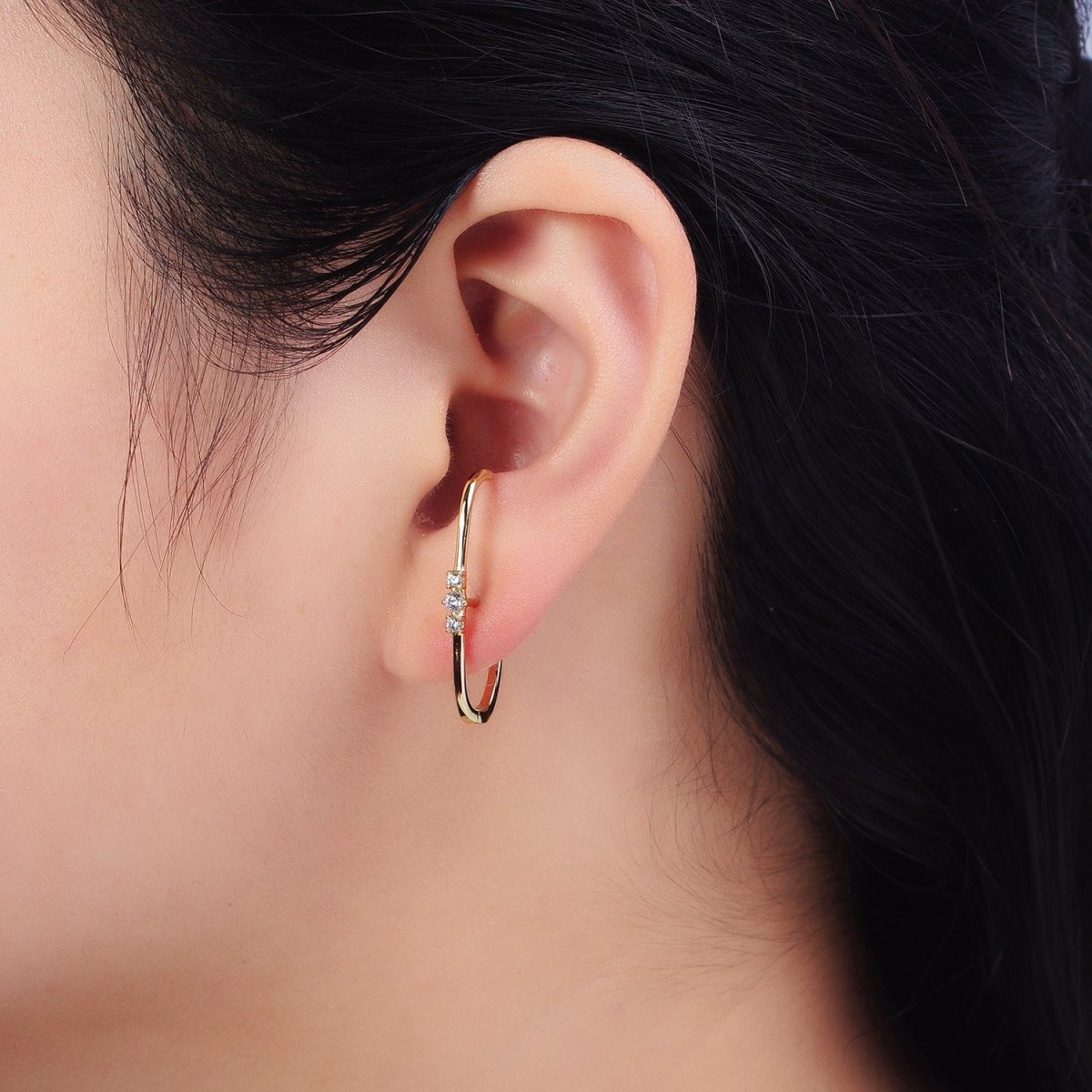 14K Gold Filled Long Linear Triple Clear CZ English Lock Earrings | AB273