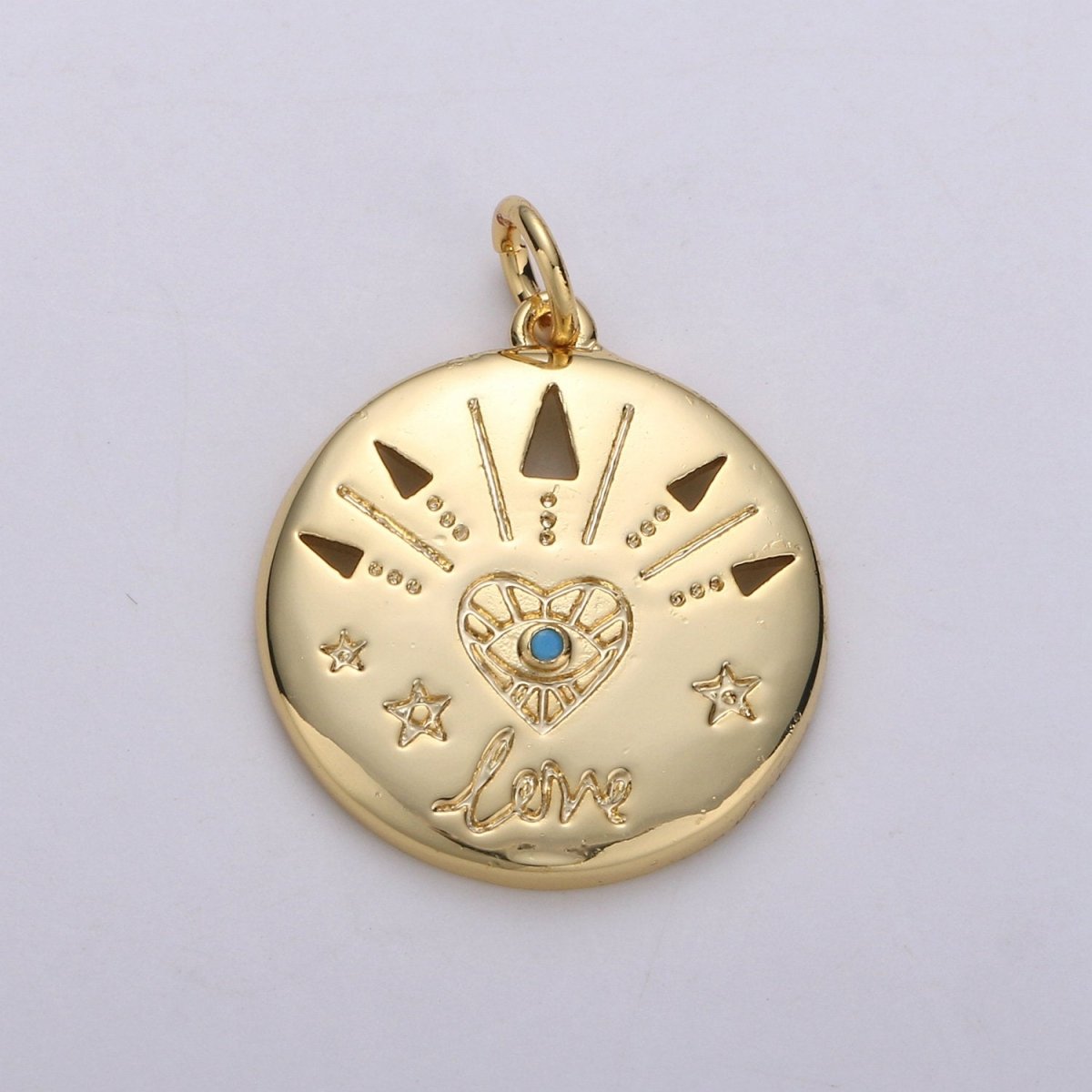 14k Gold FIlled Love Charm - Love medallion - Coin Disc charm - Blue Evil Eye pendant for Necklace Bracelet Earring Charm, D-679