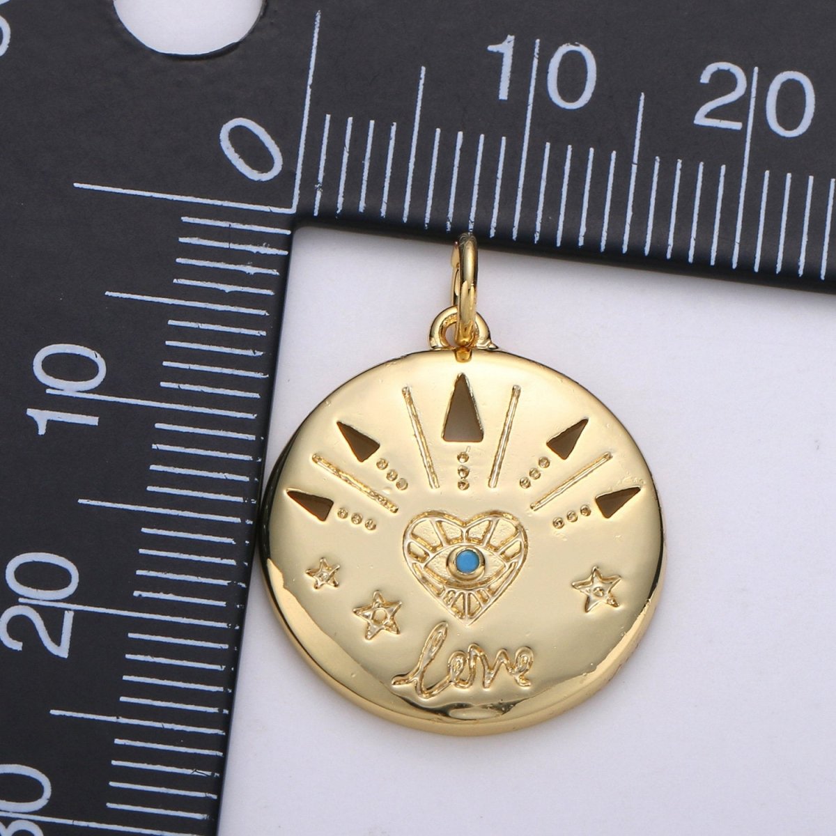 14k Gold FIlled Love Charm - Love medallion - Coin Disc charm - Blue Evil Eye pendant for Necklace Bracelet Earring Charm, D-679