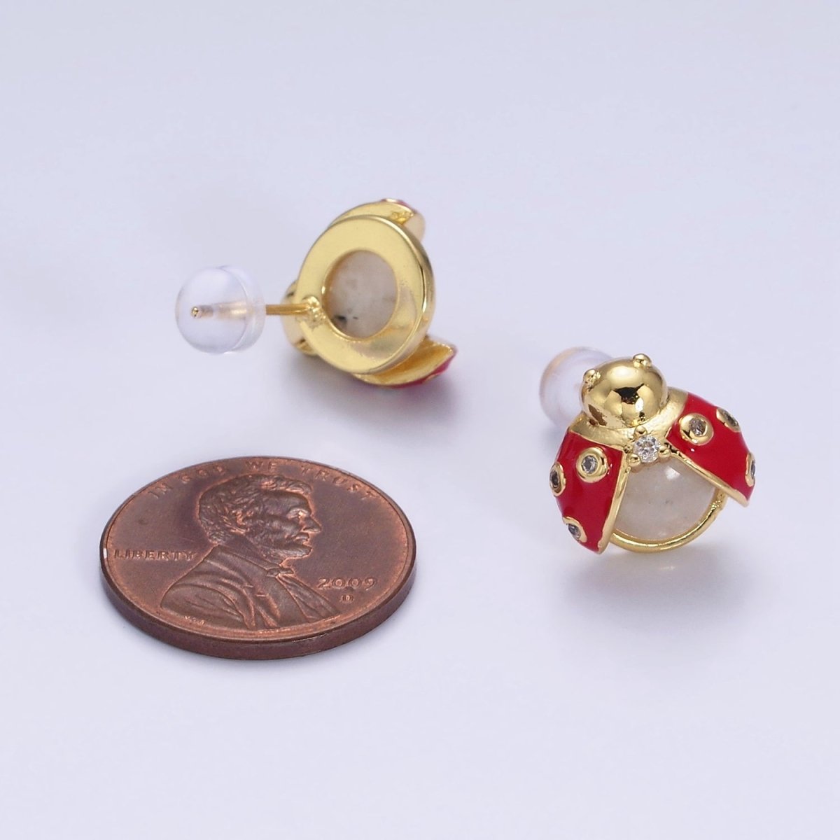 14K Gold Filled Lucky Ladybug Moonstone Gemstone Red Enamel CZ Stud Earrings | AD-429