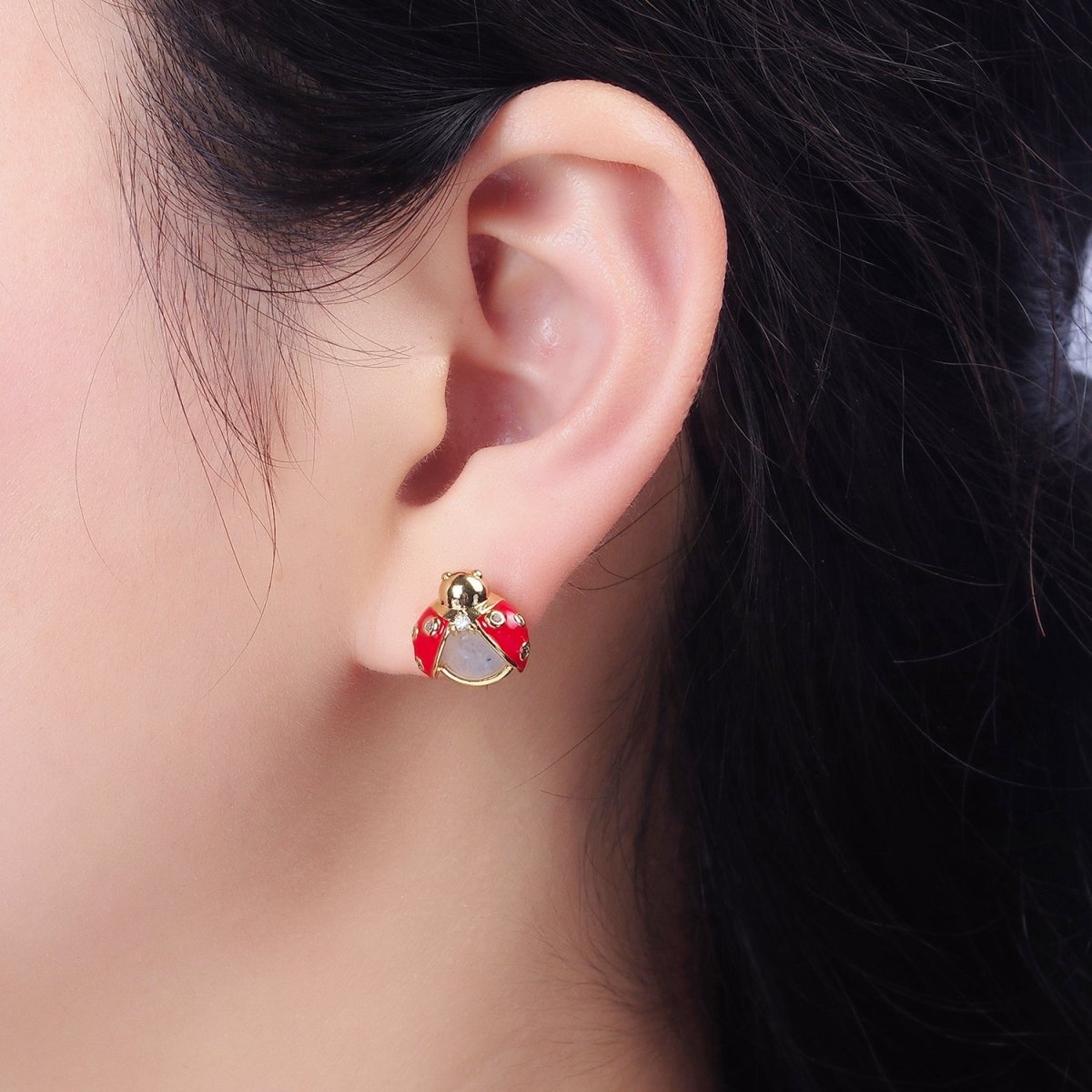 14K Gold Filled Lucky Ladybug Moonstone Gemstone Red Enamel CZ Stud Earrings | AD-429