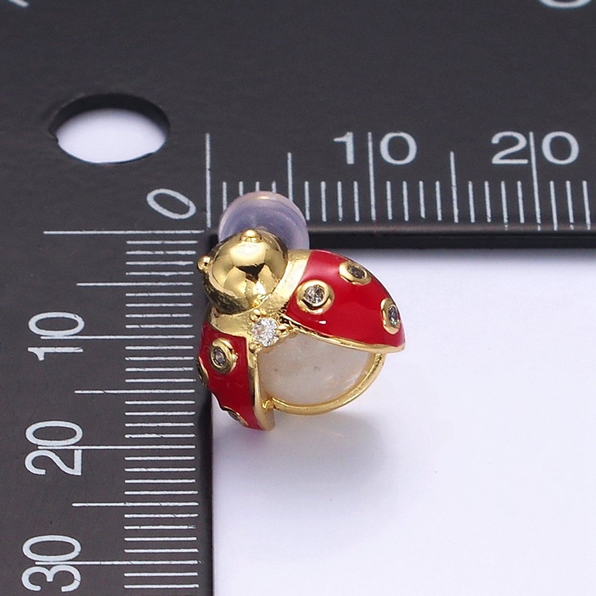 14K Gold Filled Lucky Ladybug Moonstone Gemstone Red Enamel CZ Stud Earrings | AD-429