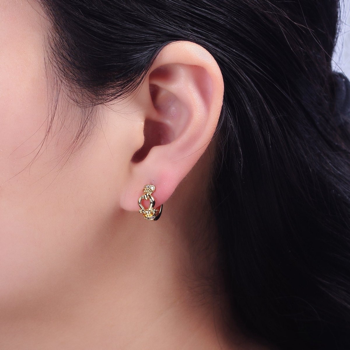14K Gold Filled Lyre Link Micro Paved CZ 13mm Huggie Earrings | AE584