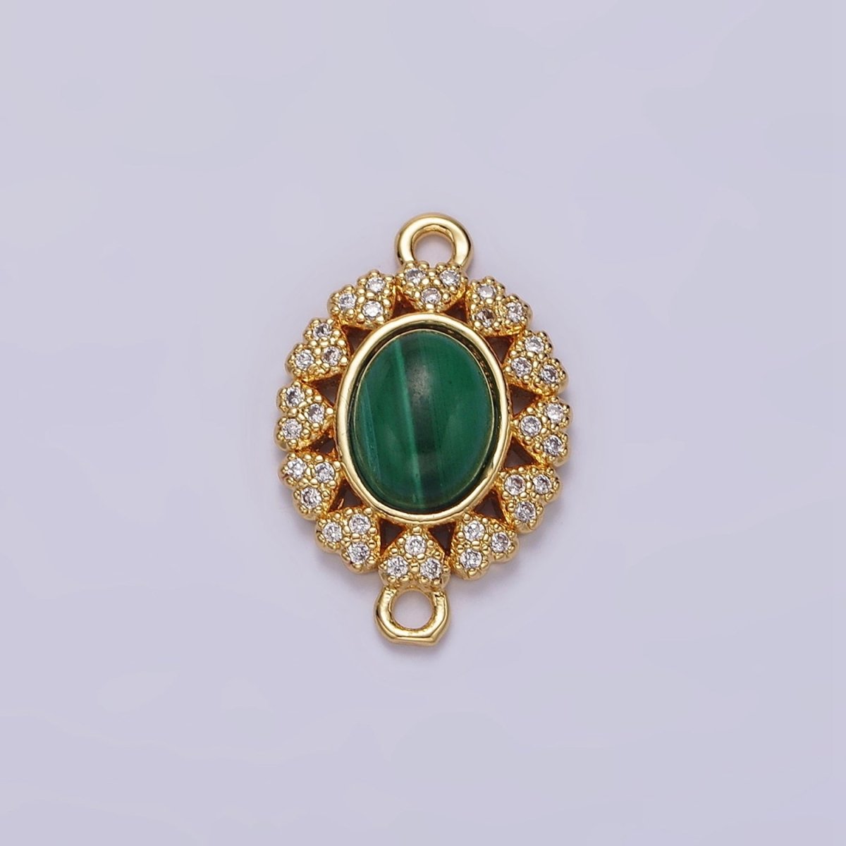14K Gold Filled Malachite Cabochon Micro Paved CZ Heart Lined Oval Connector  G-807