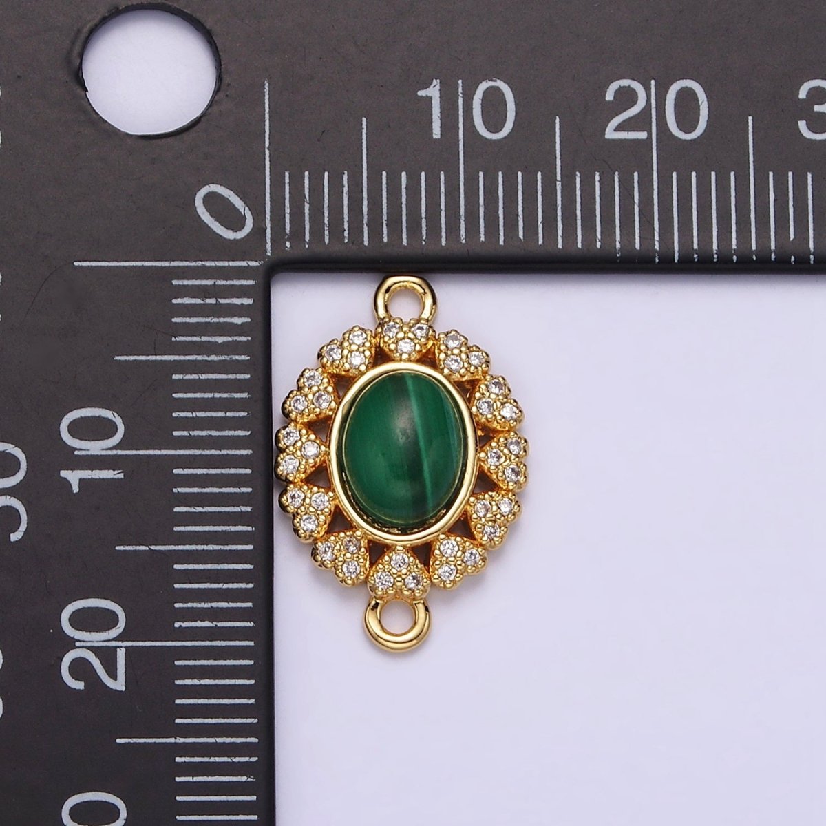 14K Gold Filled Malachite Cabochon Micro Paved CZ Heart Lined Oval Connector  G-807