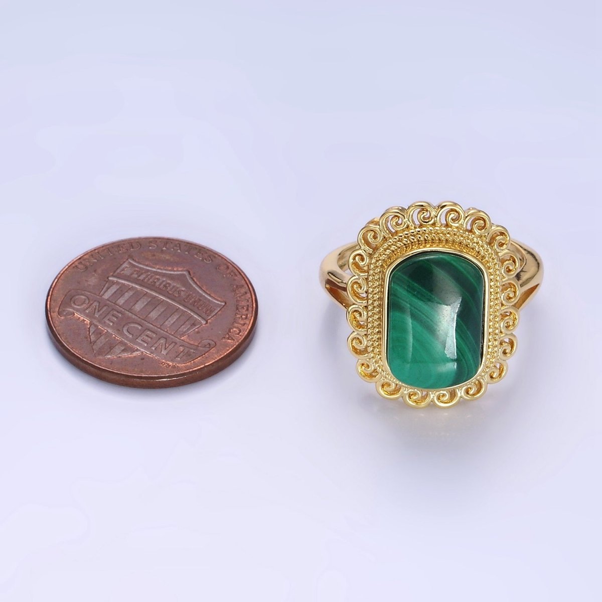 14K Gold Filled Malachite Gemstone Elaborate Artisan Ring | O1352