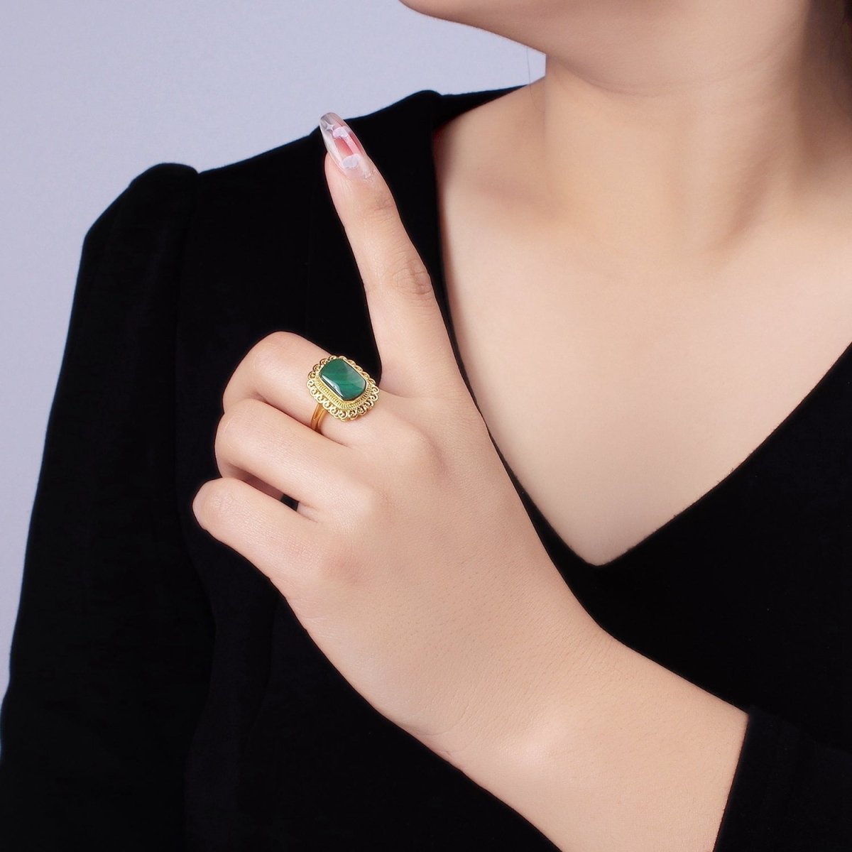 14K Gold Filled Malachite Gemstone Elaborate Artisan Ring | O1352