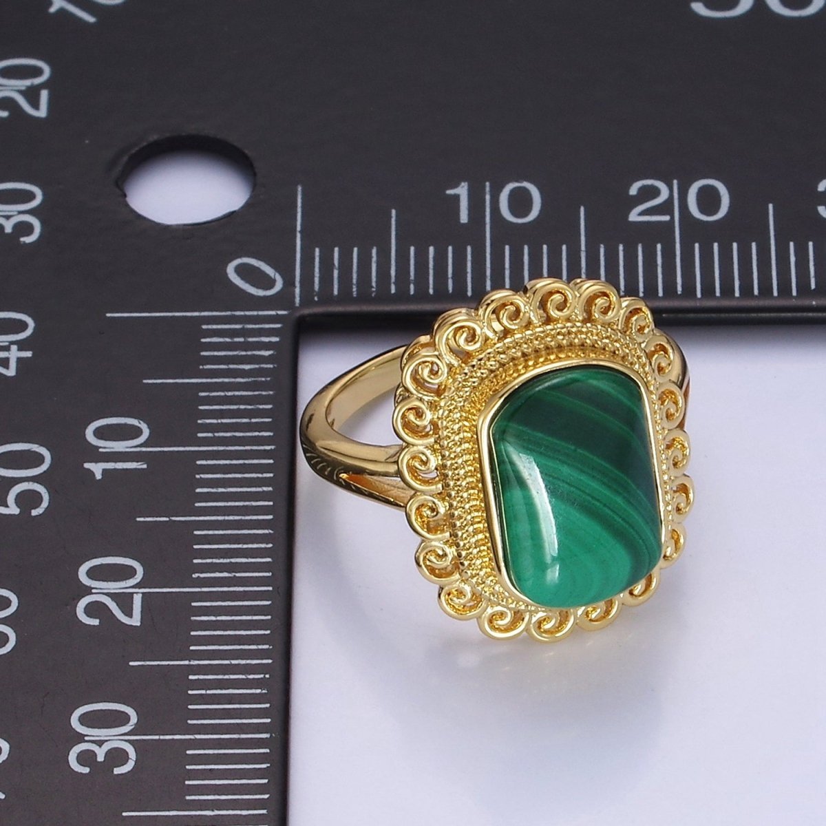 14K Gold Filled Malachite Gemstone Elaborate Artisan Ring | O1352