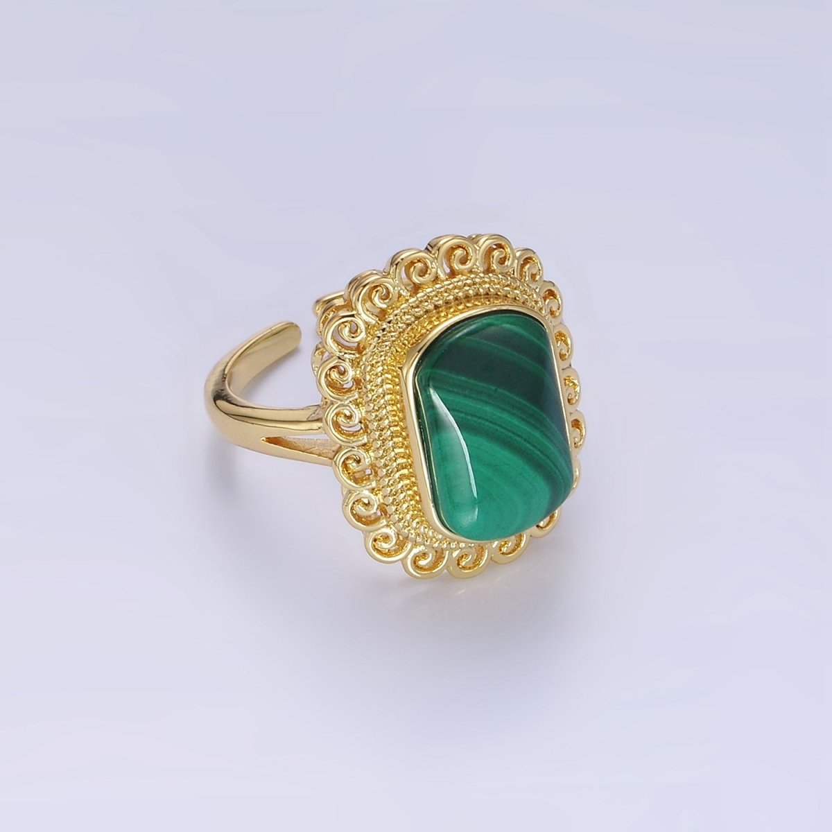 14K Gold Filled Malachite Gemstone Elaborate Artisan Ring | O1352