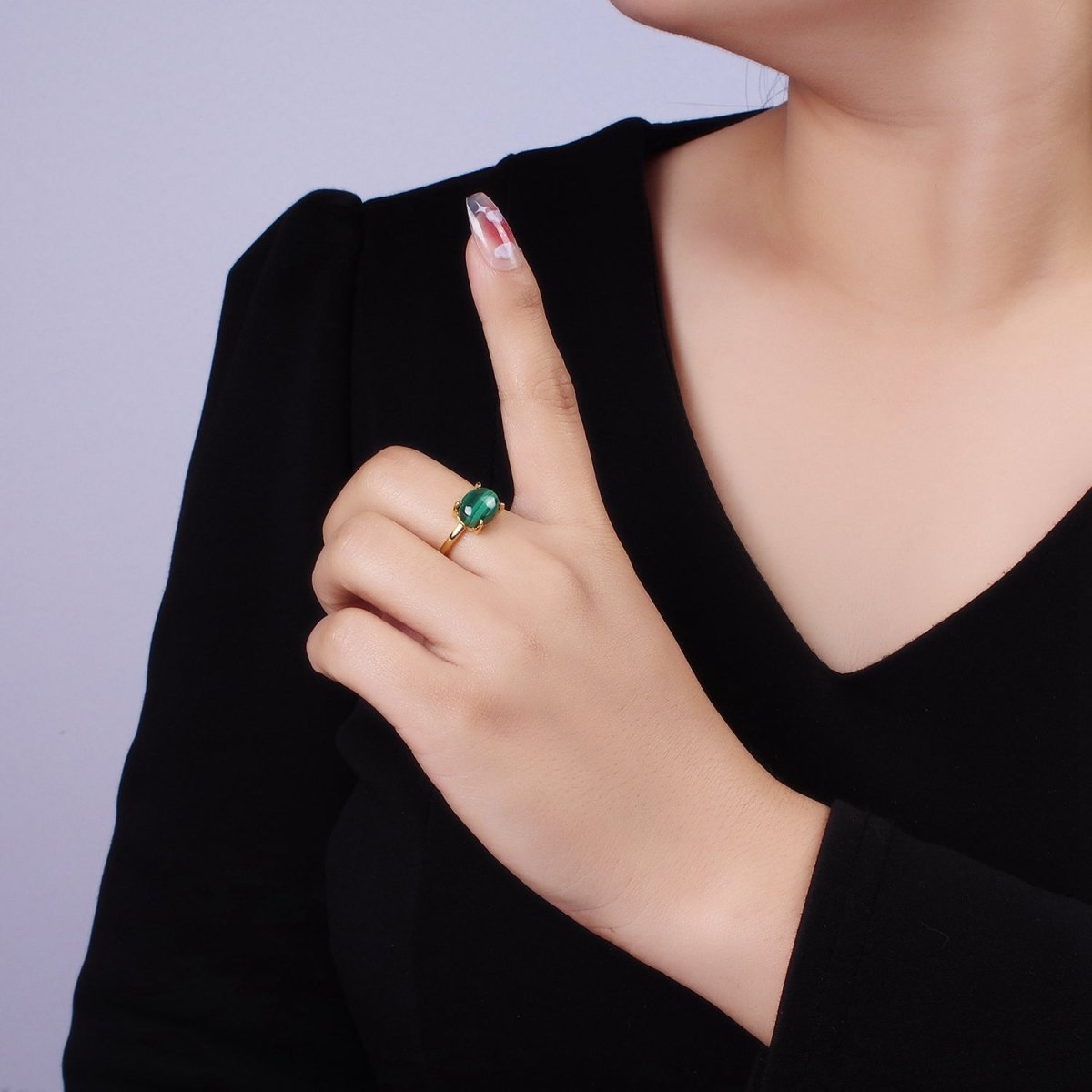 14K Gold Filled Malachite Gemstone Oval Solitaire Ring | O1347