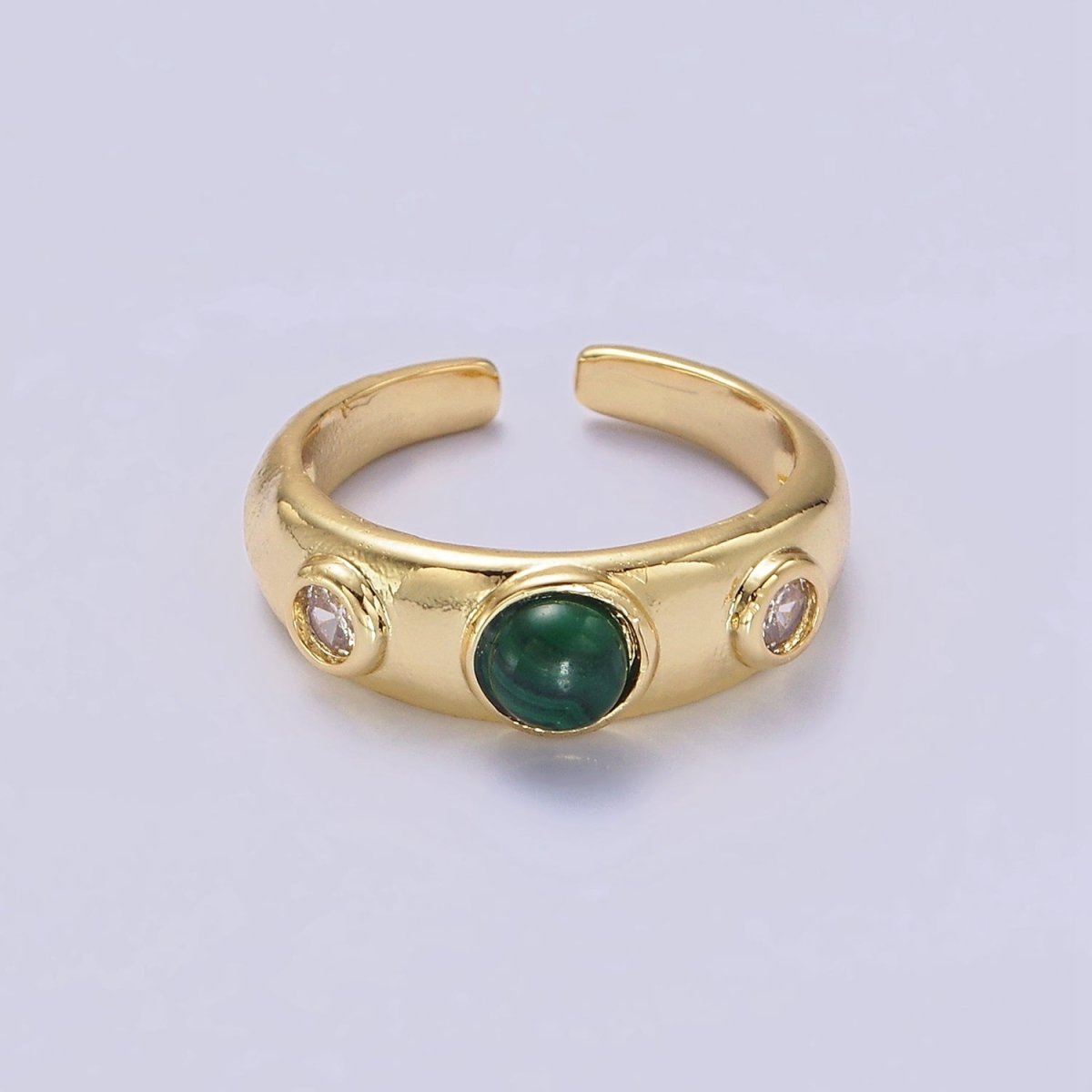 14K Gold Filled Malachite Natural Gemstone Triple Round CZ Ring | O-590