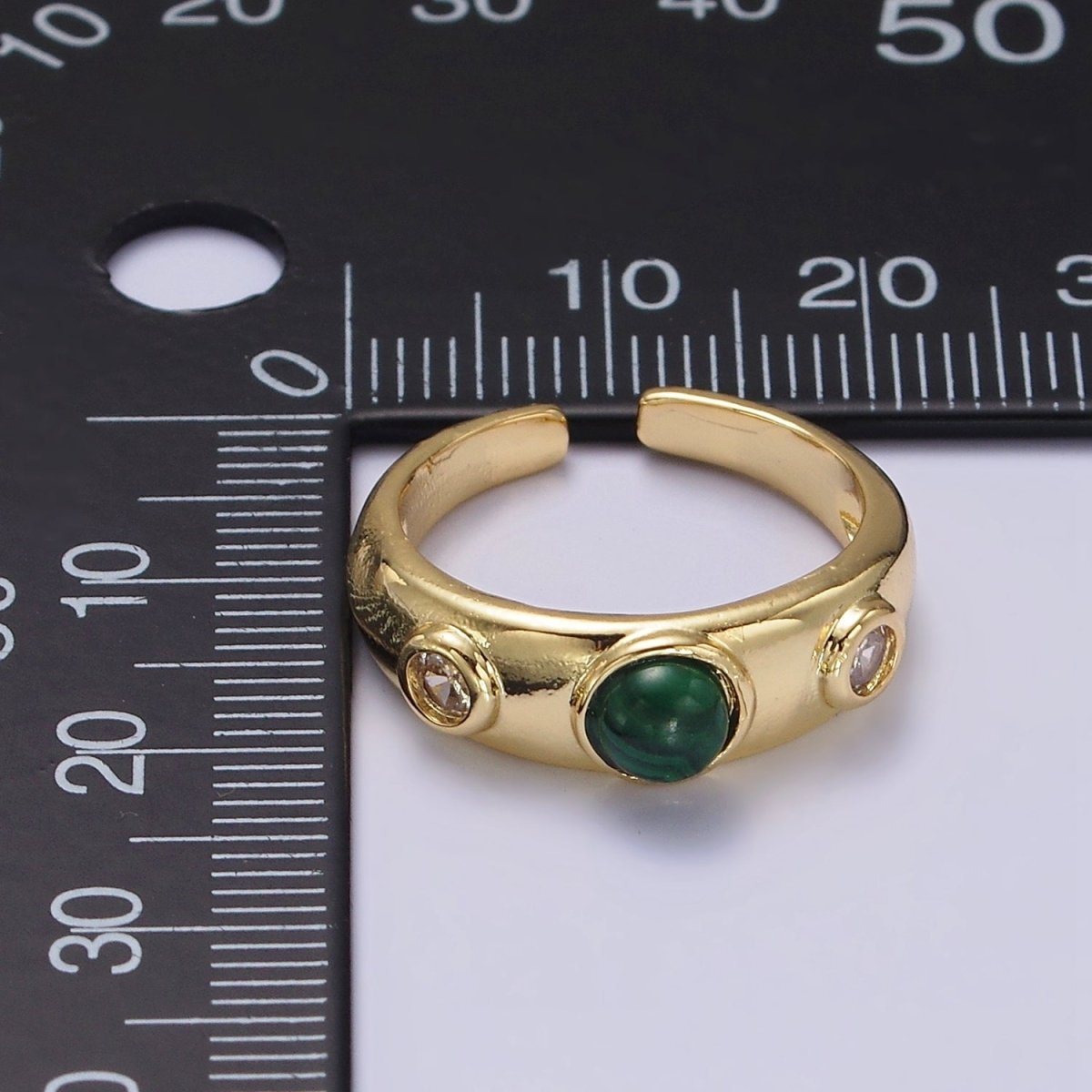 14K Gold Filled Malachite Natural Gemstone Triple Round CZ Ring | O-590