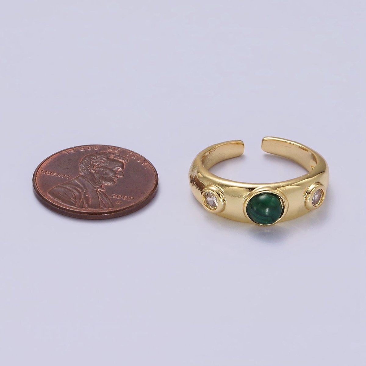 14K Gold Filled Malachite Natural Gemstone Triple Round CZ Ring | O-590