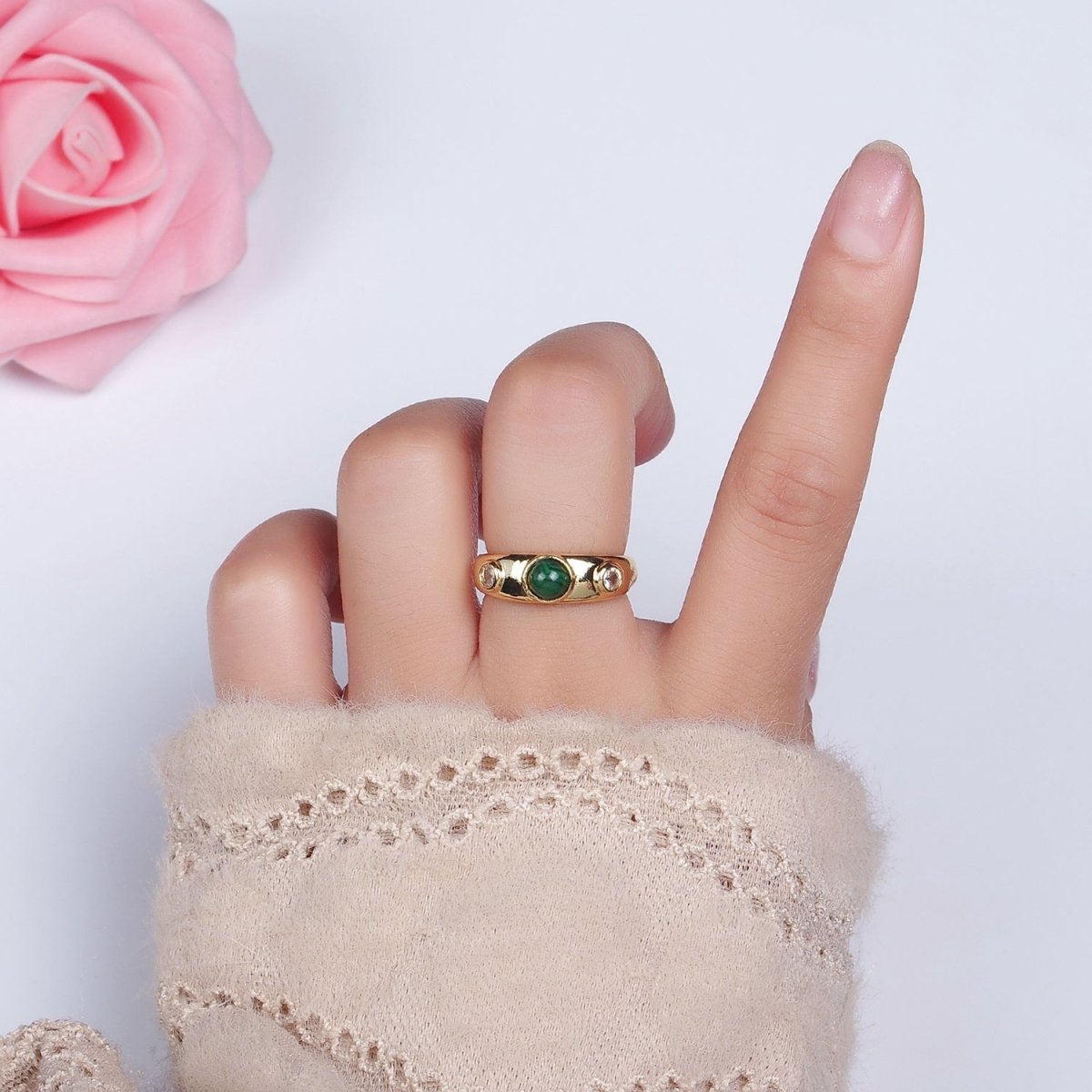 14K Gold Filled Malachite Natural Gemstone Triple Round CZ Ring | O-590