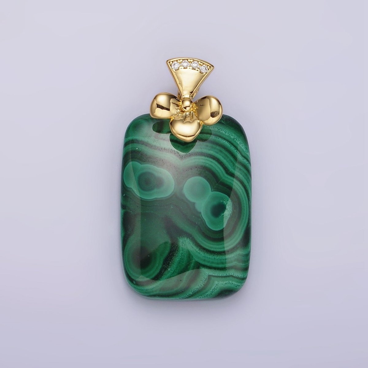 14K Gold Filled Malachite Rectangular Clear Micro Paved CZ Bow Bail Pendant | N1300