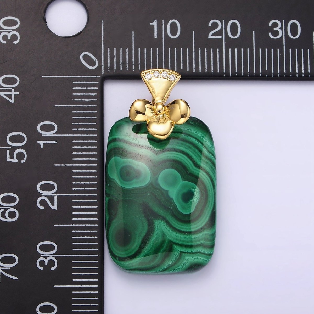 14K Gold Filled Malachite Rectangular Clear Micro Paved CZ Bow Bail Pendant | N1300
