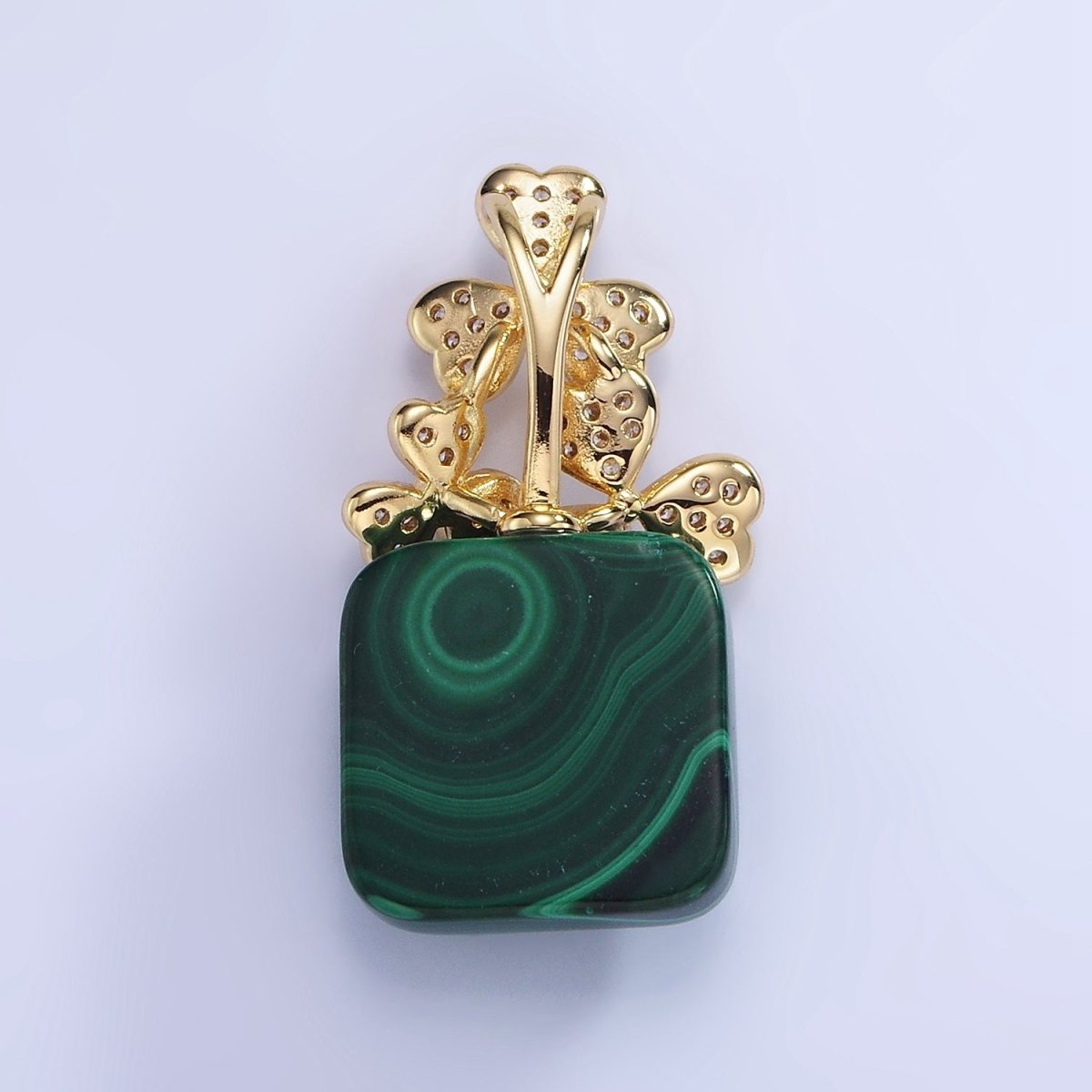 14K Gold Filled Malachite Square Micro Paved CZ Clover Bail Pendant | AA1198