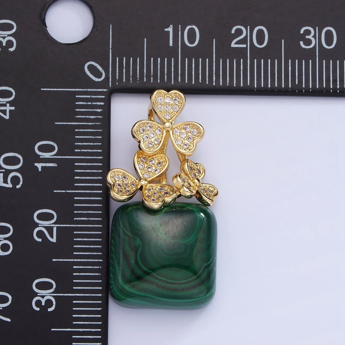 14K Gold Filled Malachite Square Micro Paved CZ Clover Bail Pendant | AA1198