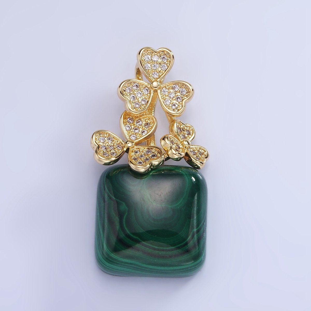 14K Gold Filled Malachite Square Micro Paved CZ Clover Bail Pendant | AA1198