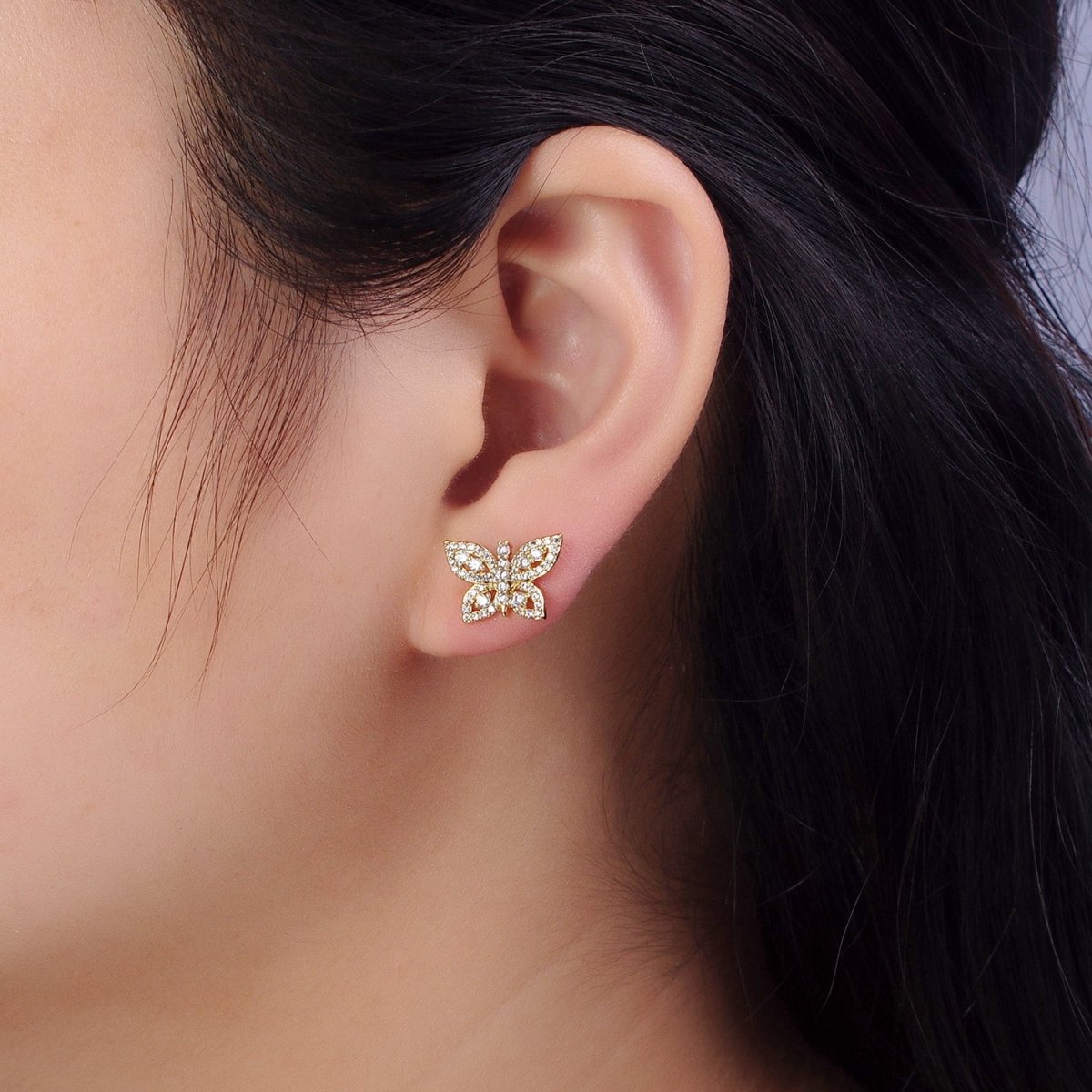 14K Gold Filled Mariposa Butterfly Clear Micro Paved Stud Earrings | AB313