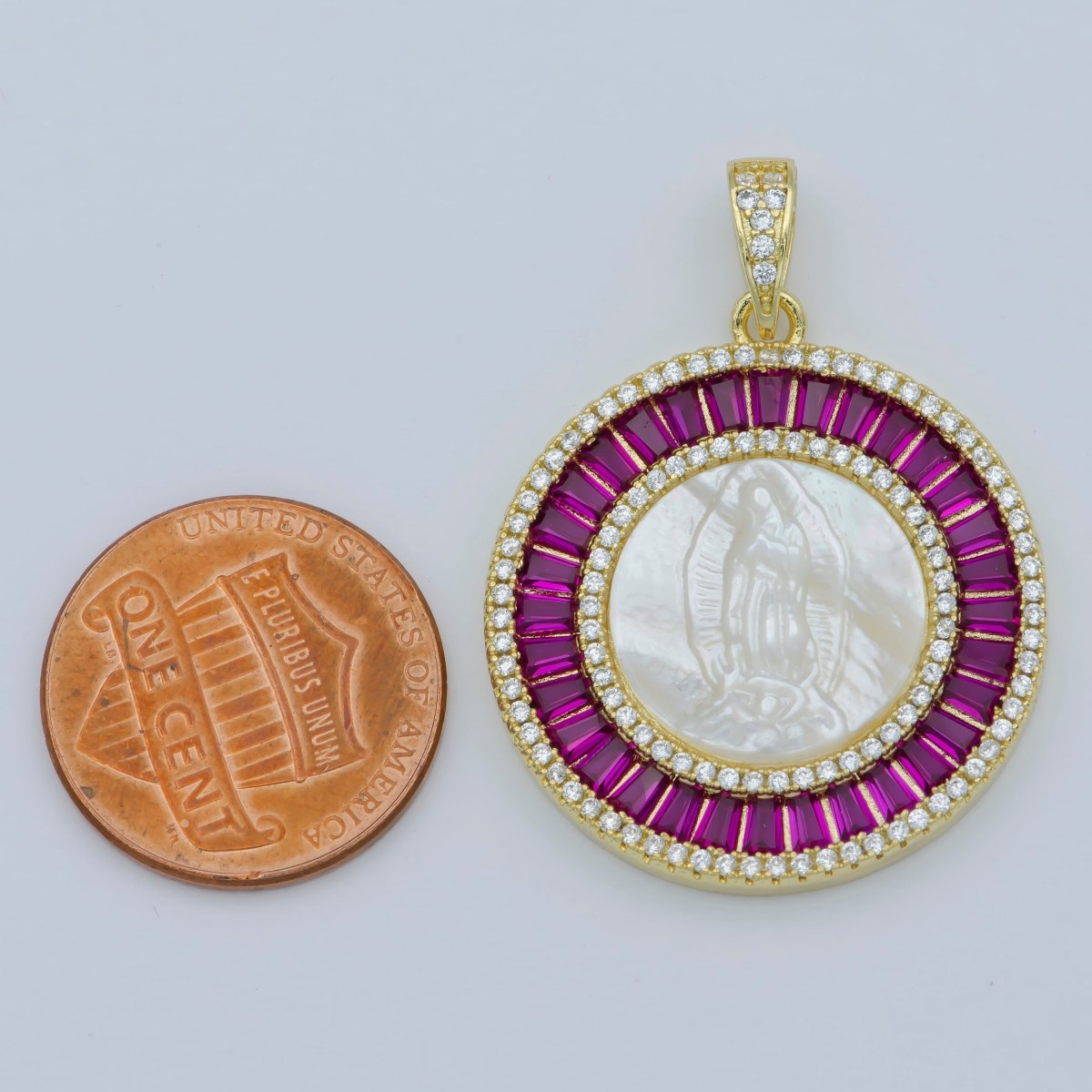 14K Gold Filled Mary Lady Guadalupe Fuchsia, Green, Multicolor Baguette Round Pendant | I105 - I108