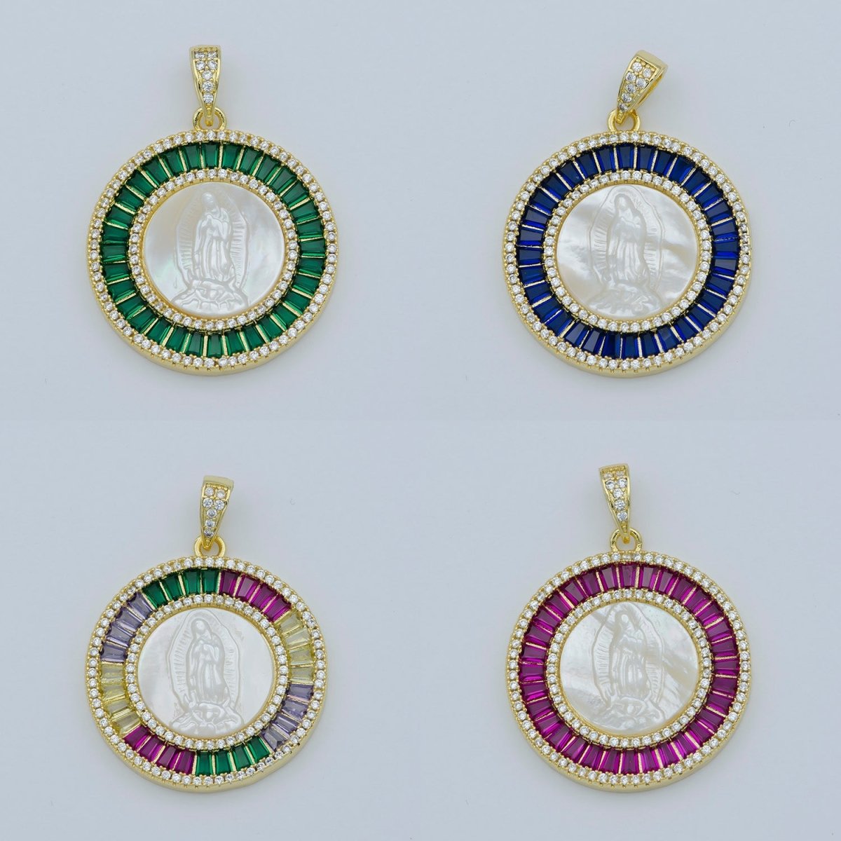 14K Gold Filled Mary Lady Guadalupe Fuchsia, Green, Multicolor Baguette Round Pendant | I105 - I108