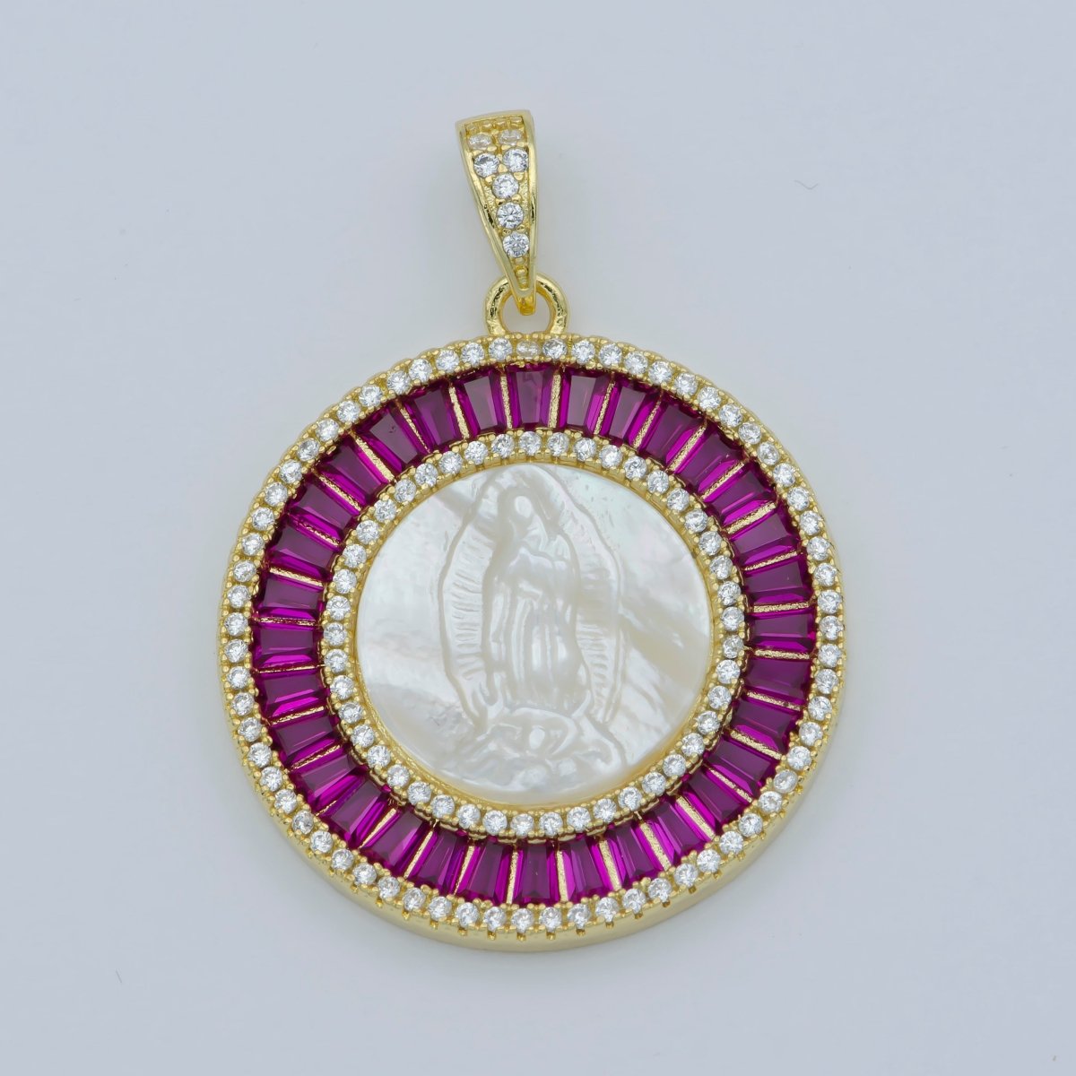 14K Gold Filled Mary Lady Guadalupe Fuchsia, Green, Multicolor Baguette Round Pendant | I105 - I108