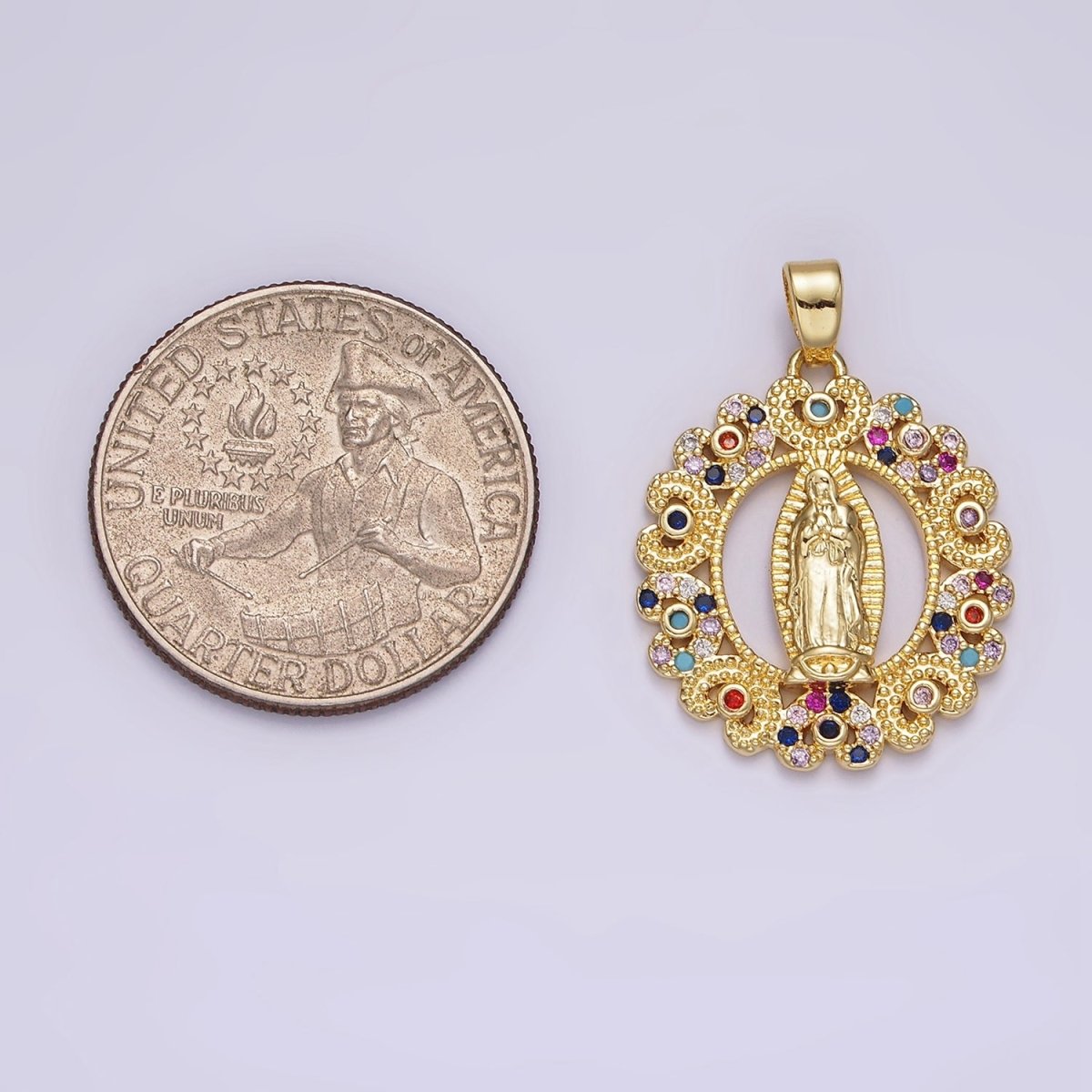 14K Gold Filled Mary Lady Guadalupe Multicolor CZ Dotted Heart Outline Open Oval Pendant | N1317