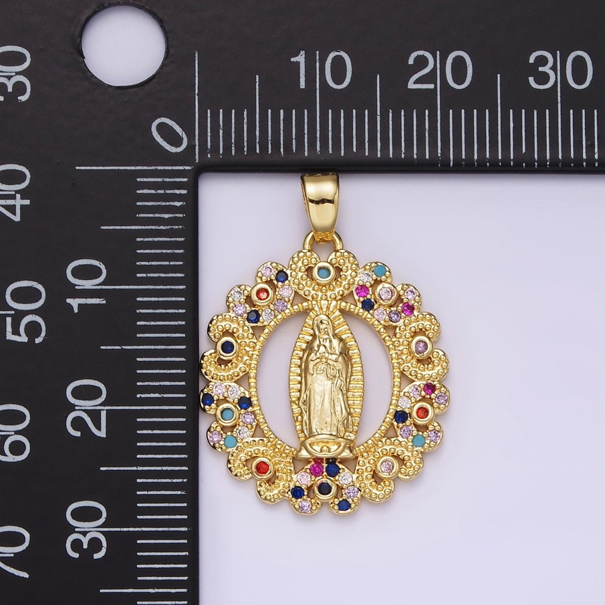 14K Gold Filled Mary Lady Guadalupe Multicolor CZ Dotted Heart Outline Open Oval Pendant | N1317