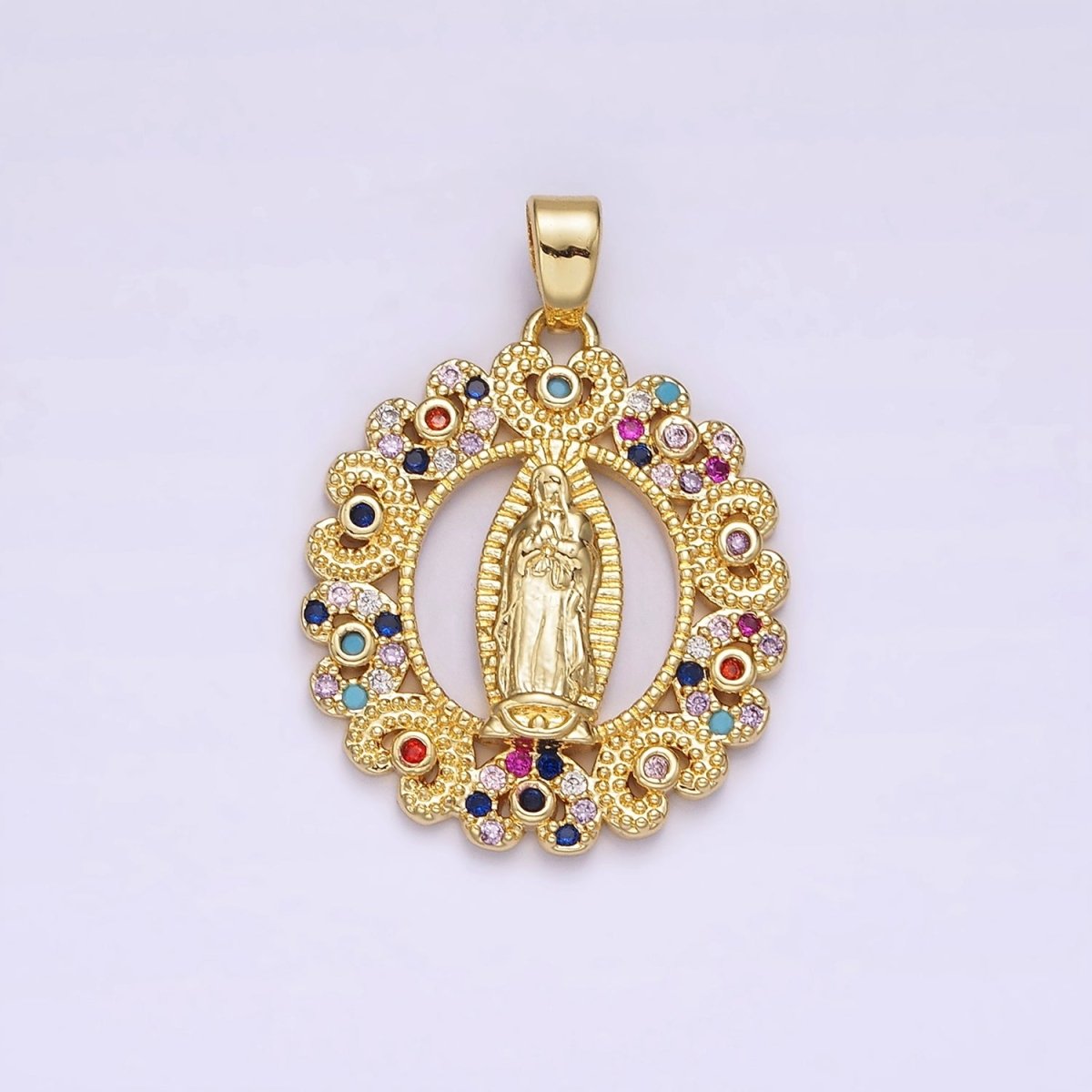 14K Gold Filled Mary Lady Guadalupe Multicolor CZ Dotted Heart Outline Open Oval Pendant | N1317