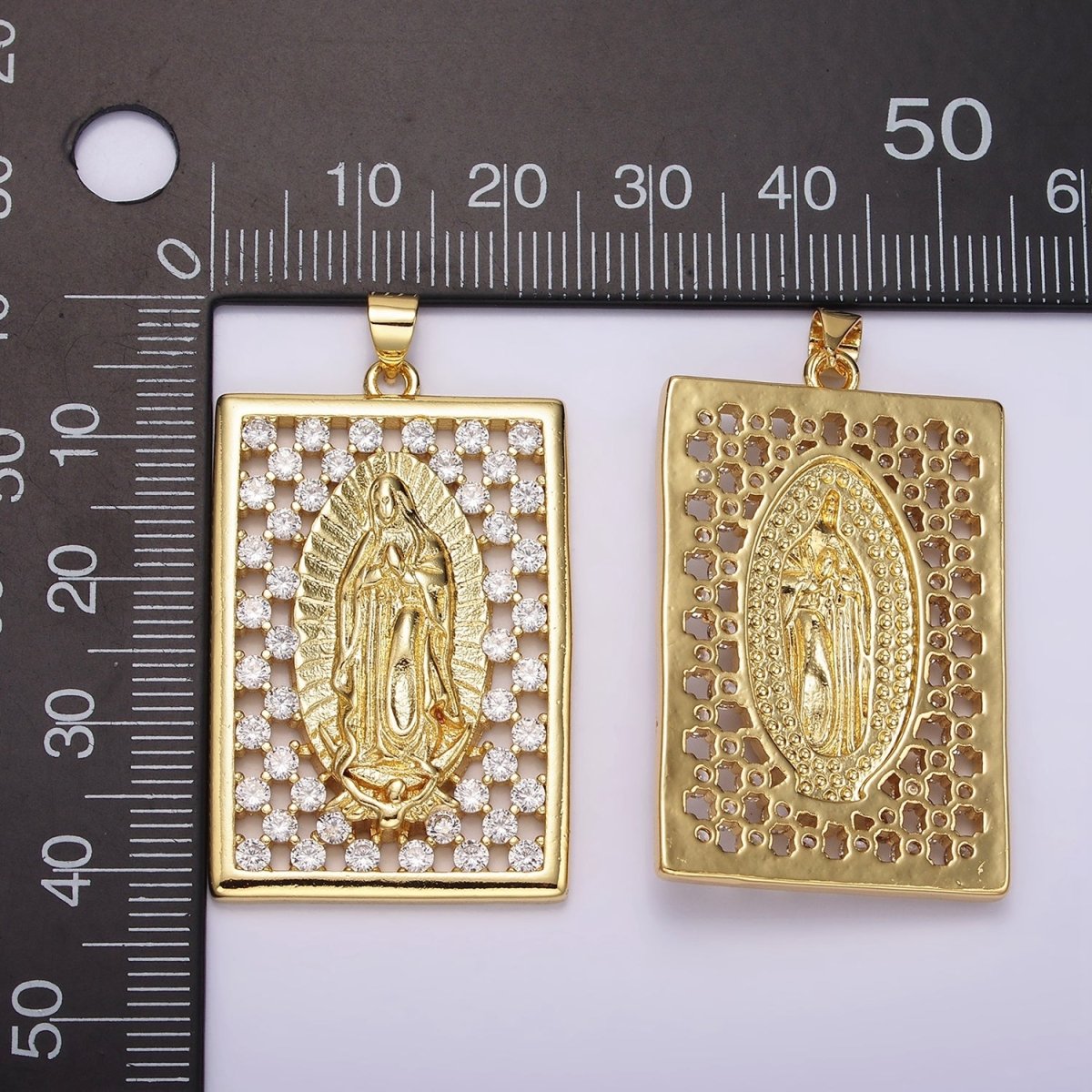 14K Gold Filled Mary Lady Guadalupe Religious Open Clear CZ Checkered Rectangular Tag Charm | N1944