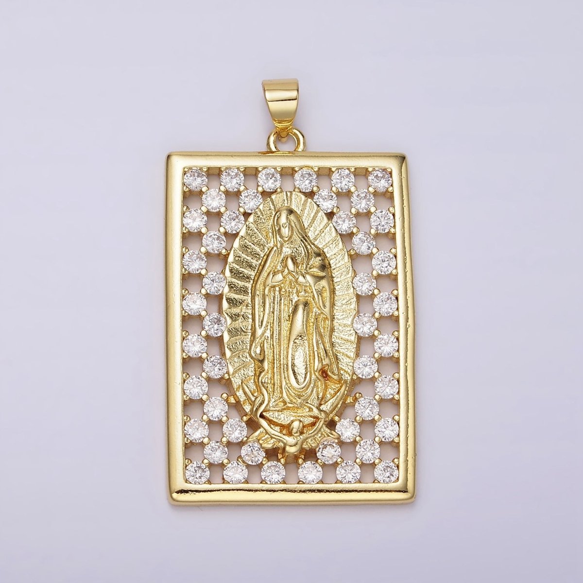 14K Gold Filled Mary Lady Guadalupe Religious Open Clear CZ Checkered Rectangular Tag Charm | N1944