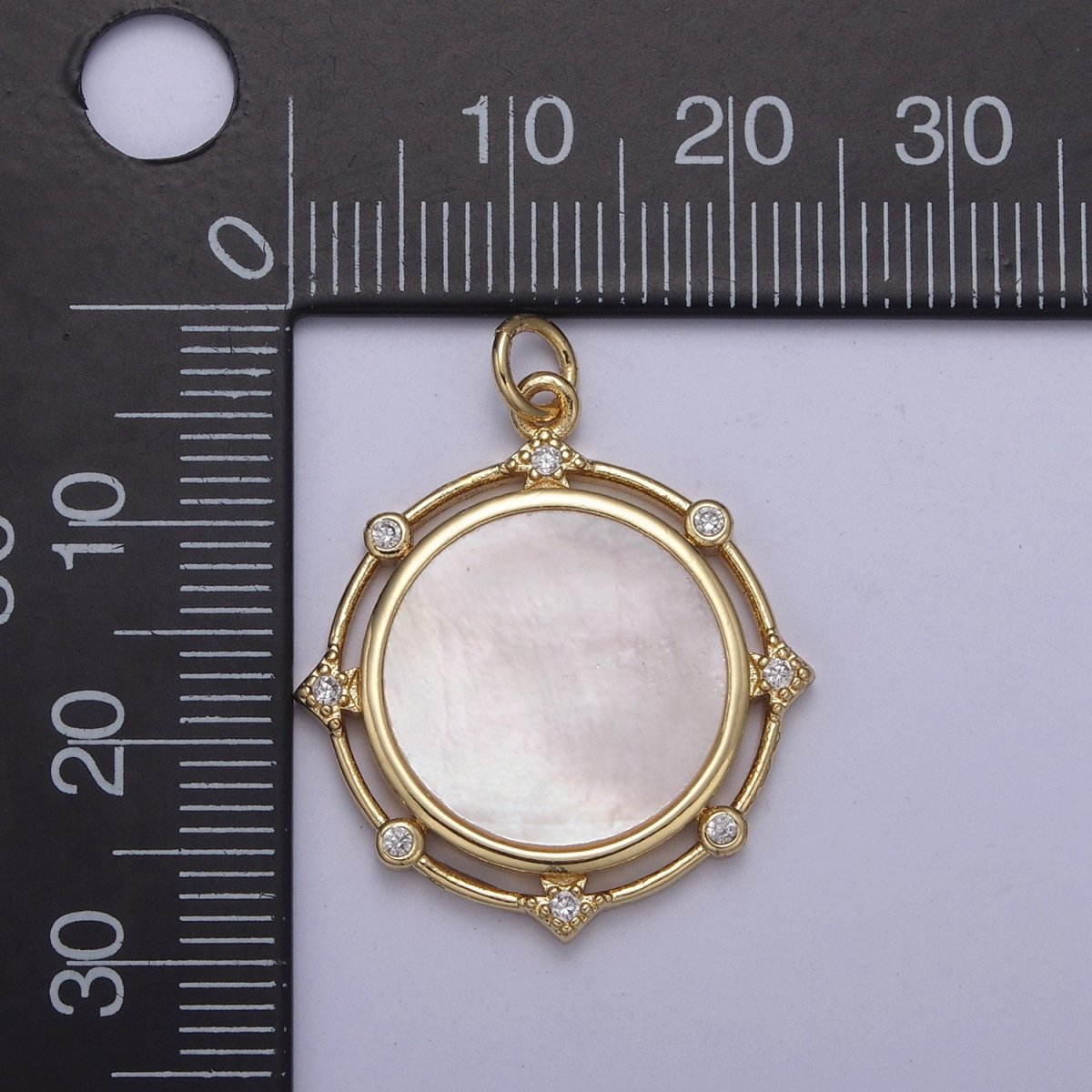 14K Gold Filled Micro CZ Pave Coin Charm with Shell Pearl Medallion Pendant for Necklace N-344