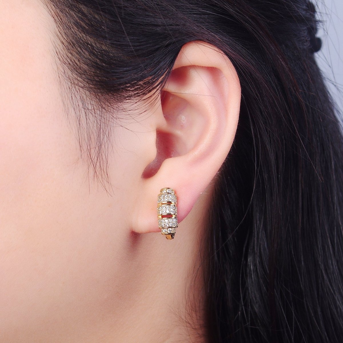 14K Gold Filled Micro Pave Clear Cubic Zirconia Band English Lock Earrings P-379