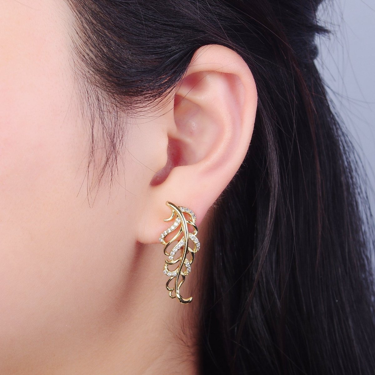 14K Gold Filled Micro Pave Clear CZ Nature Leaf English Lock Earrings P-315