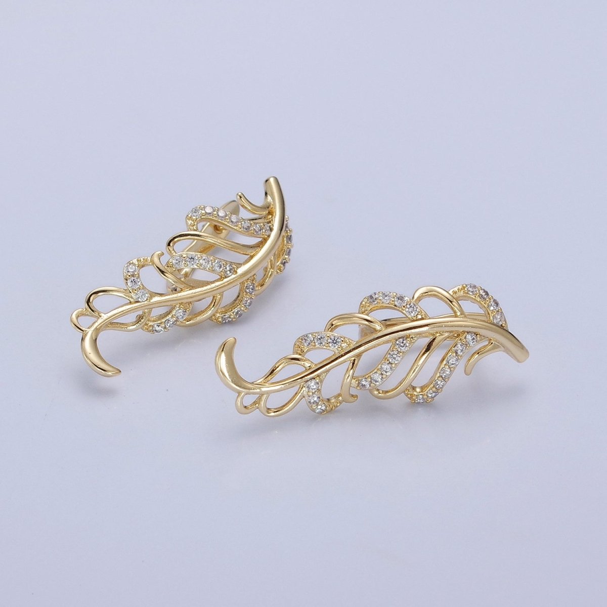 14K Gold Filled Micro Pave Clear CZ Nature Leaf English Lock Earrings P-315