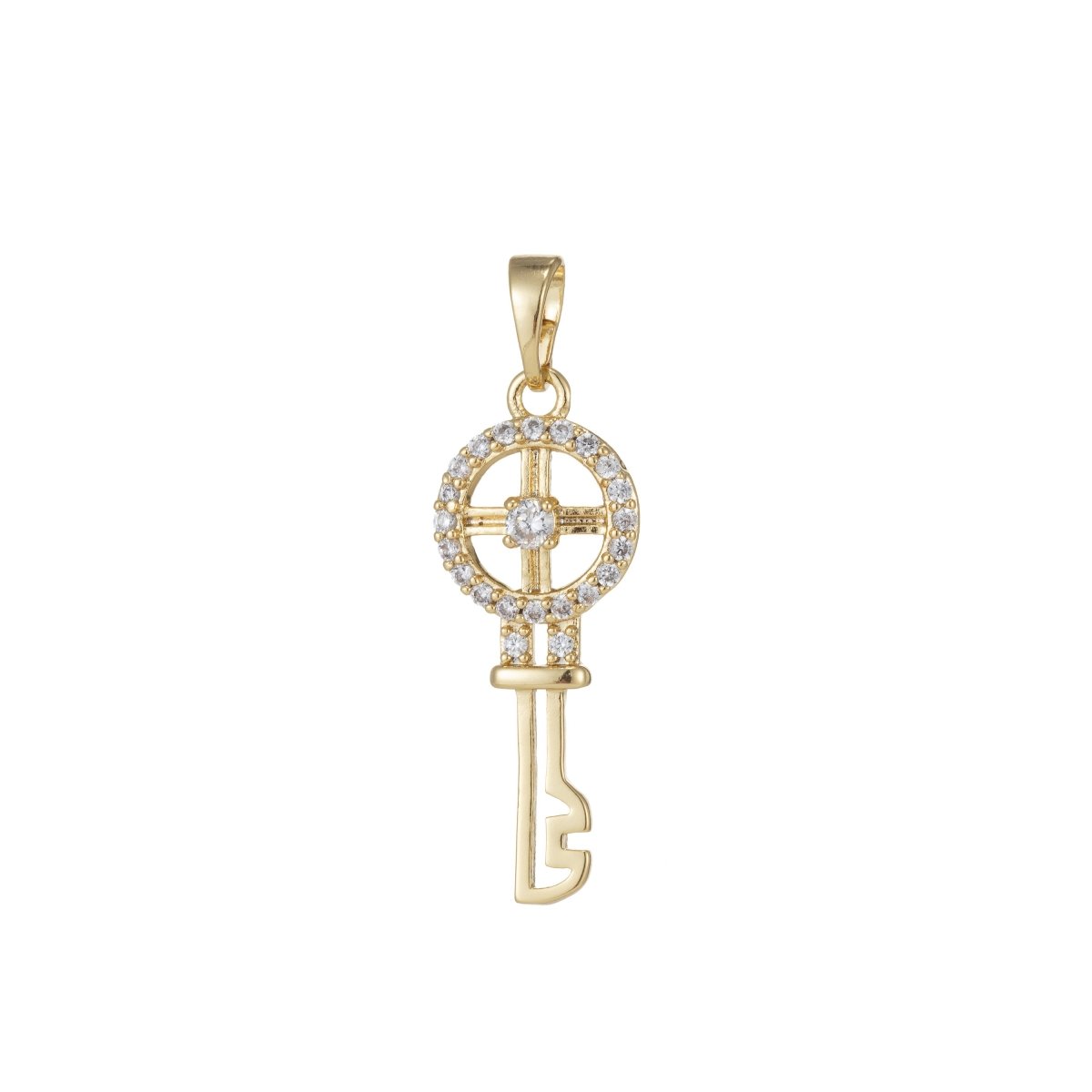 14k Gold Filled Micro Pave CZ Wheel Key Pendant Charm, Micro Pave CZ Key Pendant Charm, Gold Filled Key Pendant, For DIY Jewelry I-550