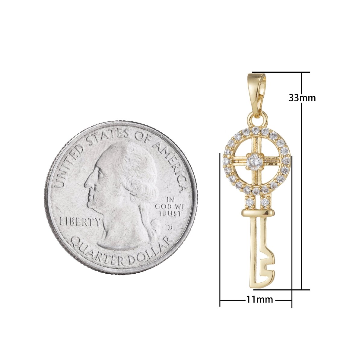 14k Gold Filled Micro Pave CZ Wheel Key Pendant Charm, Micro Pave CZ Key Pendant Charm, Gold Filled Key Pendant, For DIY Jewelry I-550