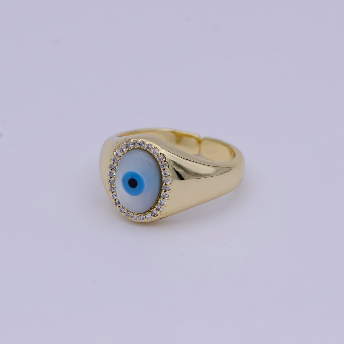 14K Gold Filled Micro Pave Evil Eye Oval Dome Ring Open Adjustable Ring U-476