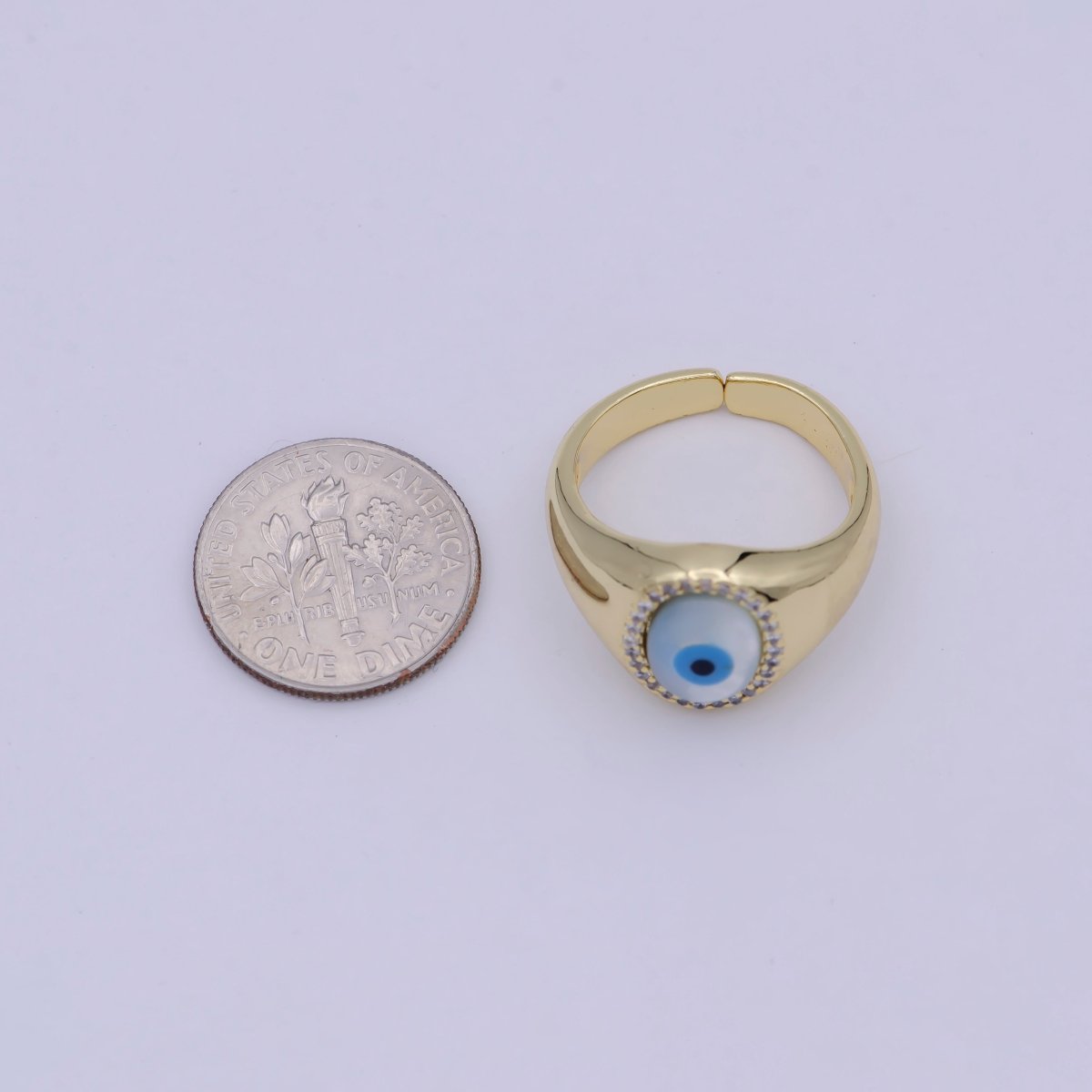14K Gold Filled Micro Pave Evil Eye Oval Dome Ring Open Adjustable Ring U-476