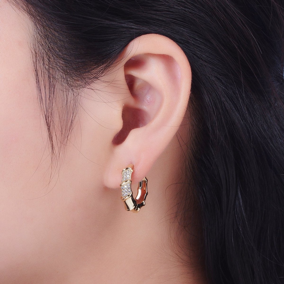 14K Gold Filled Micro Paved Bamboo Huggie Hoop Earrings | V-019